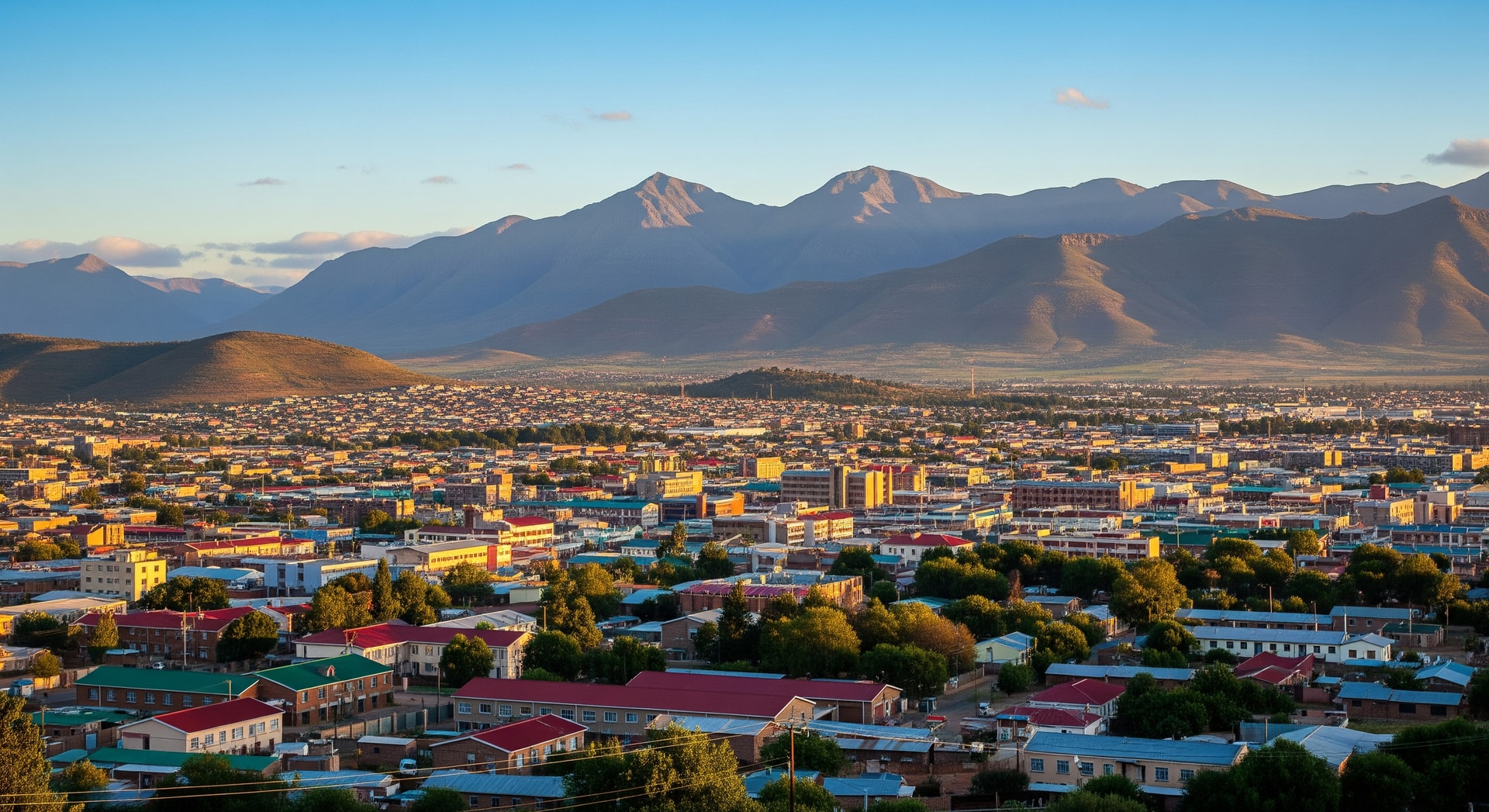 Panoramic view of Maseru, the capital of Lesotho, with the Maluti Mountains in the background representing the Kingdom of Lesotho
