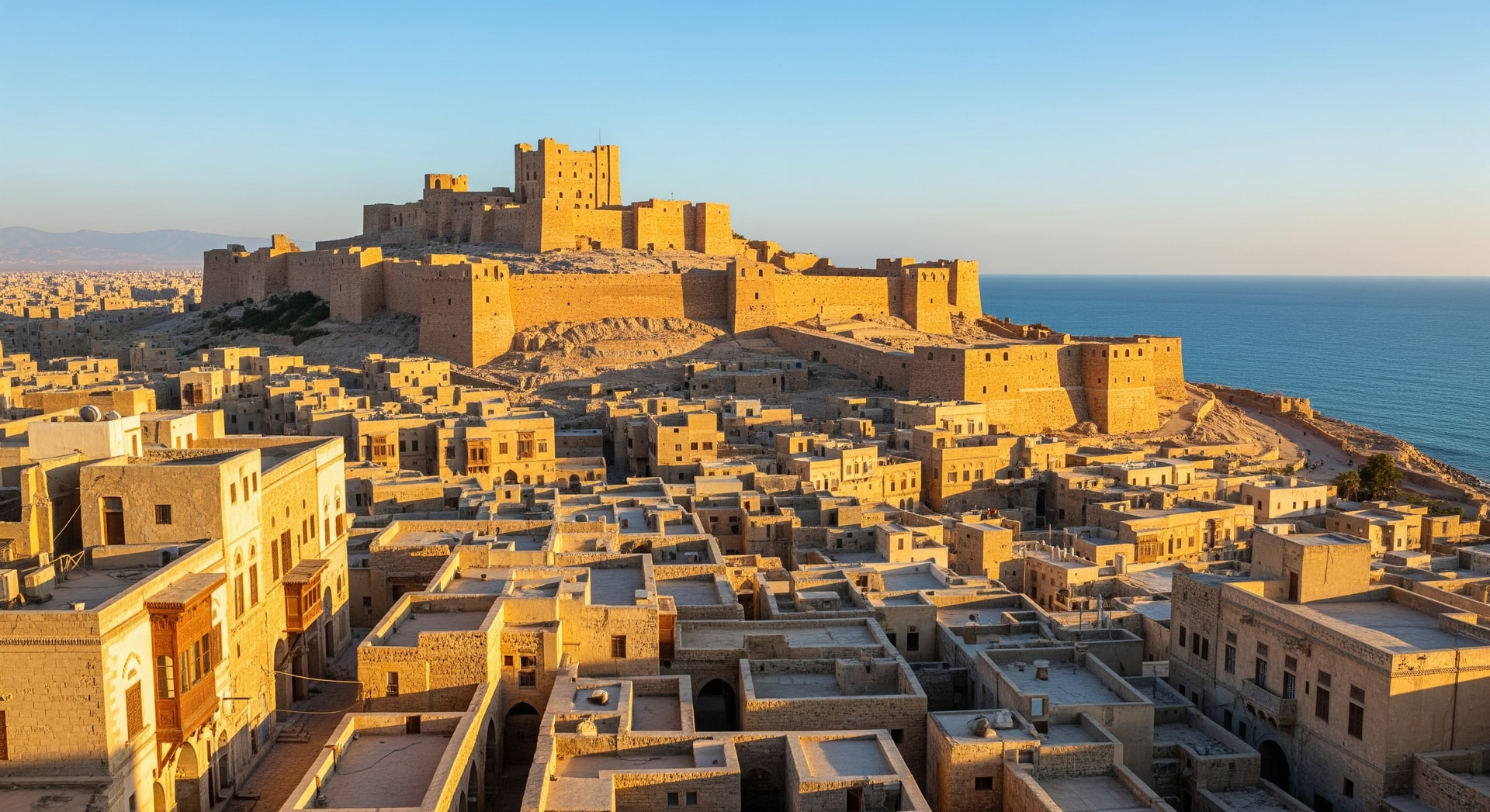 View of Tripoli's Old City medina and the historic Red Castle fortress overlooking the Mediterranean coast of Libya
