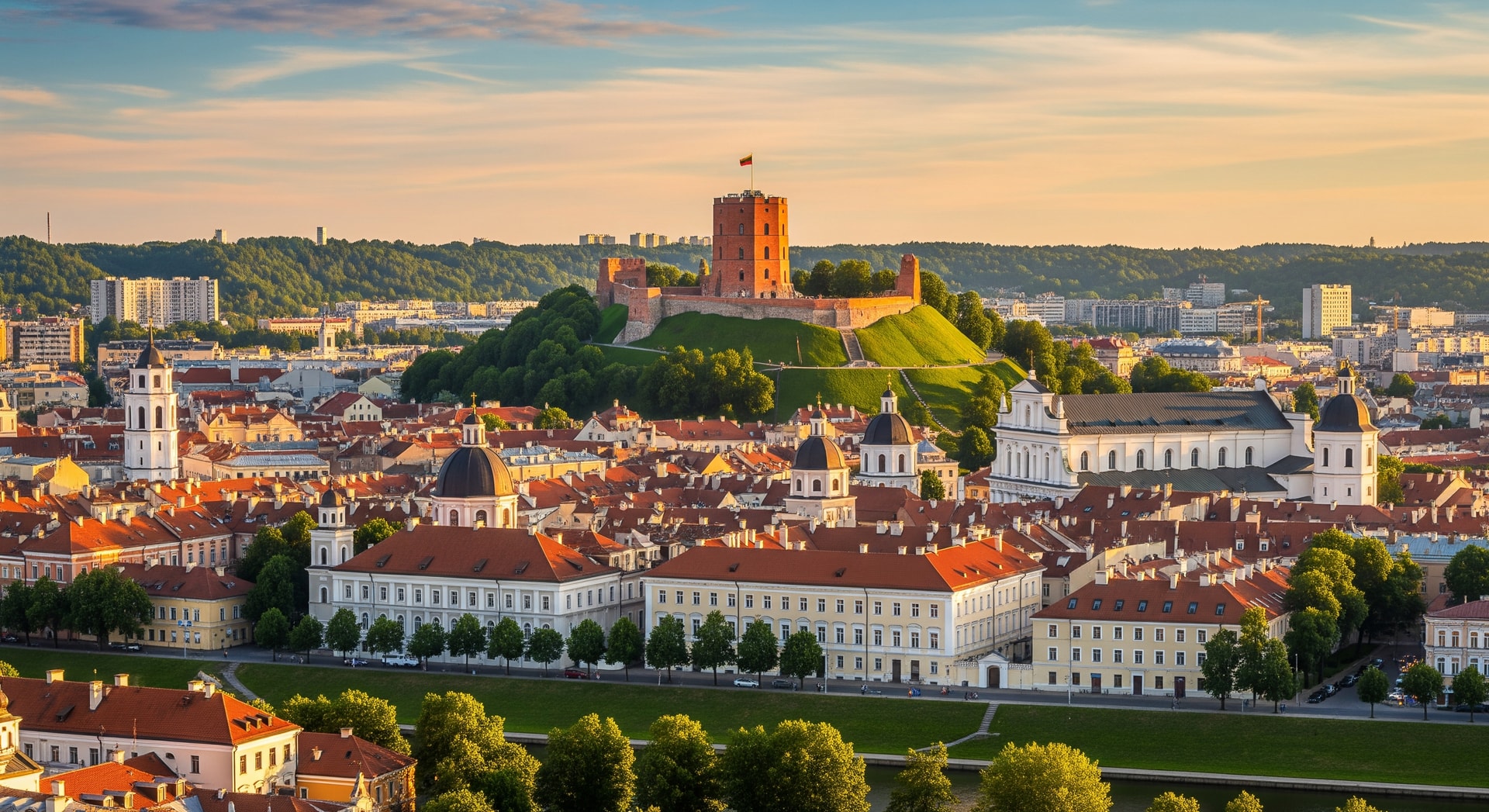 Panoramic view of Vilnius Old Town with Gediminas Tower and historic architecture representing Lithuania's rich cultural and administrative heritage