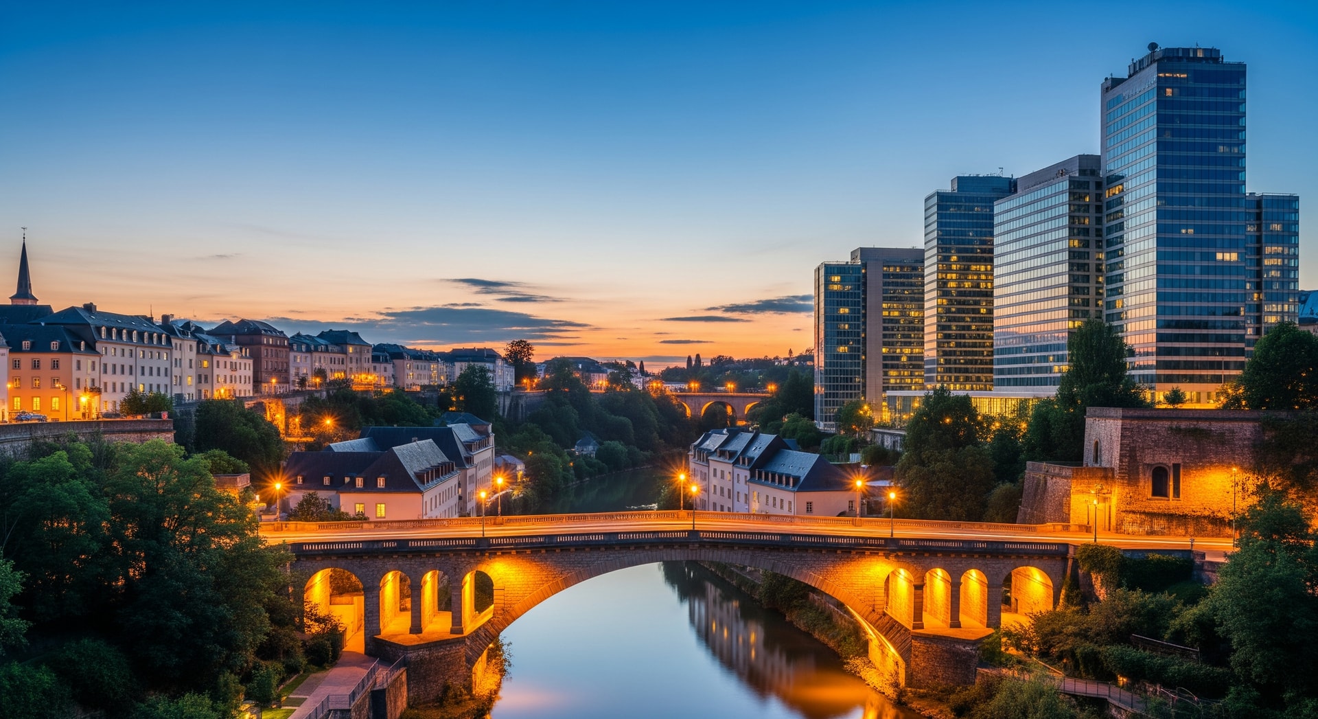 Luxembourg City skyline with the Adolphe Bridge and European quarter representing Luxembourg's trilingual institutional landscape