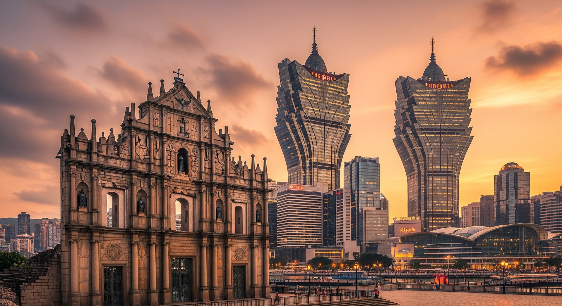 Macao skyline with the historic Ruins of St Paul's Cathedral and modern casino towers representing the SAR's unique blend of Portuguese heritage and Chinese culture