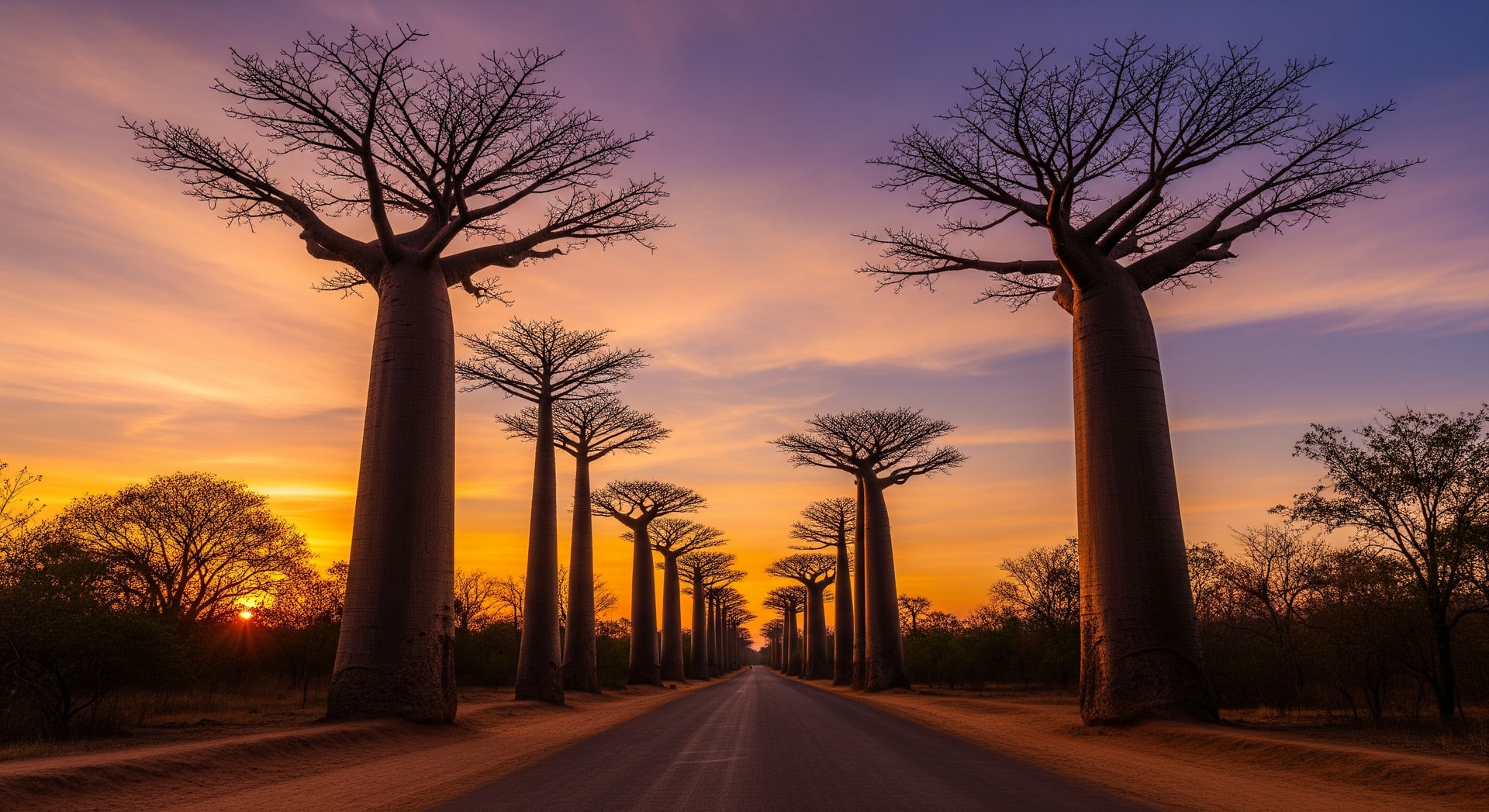 The Avenue of the Baobabs near Morondava, Madagascar, with iconic baobab trees at sunset representing the island nation's unique landscape and cultural heritage