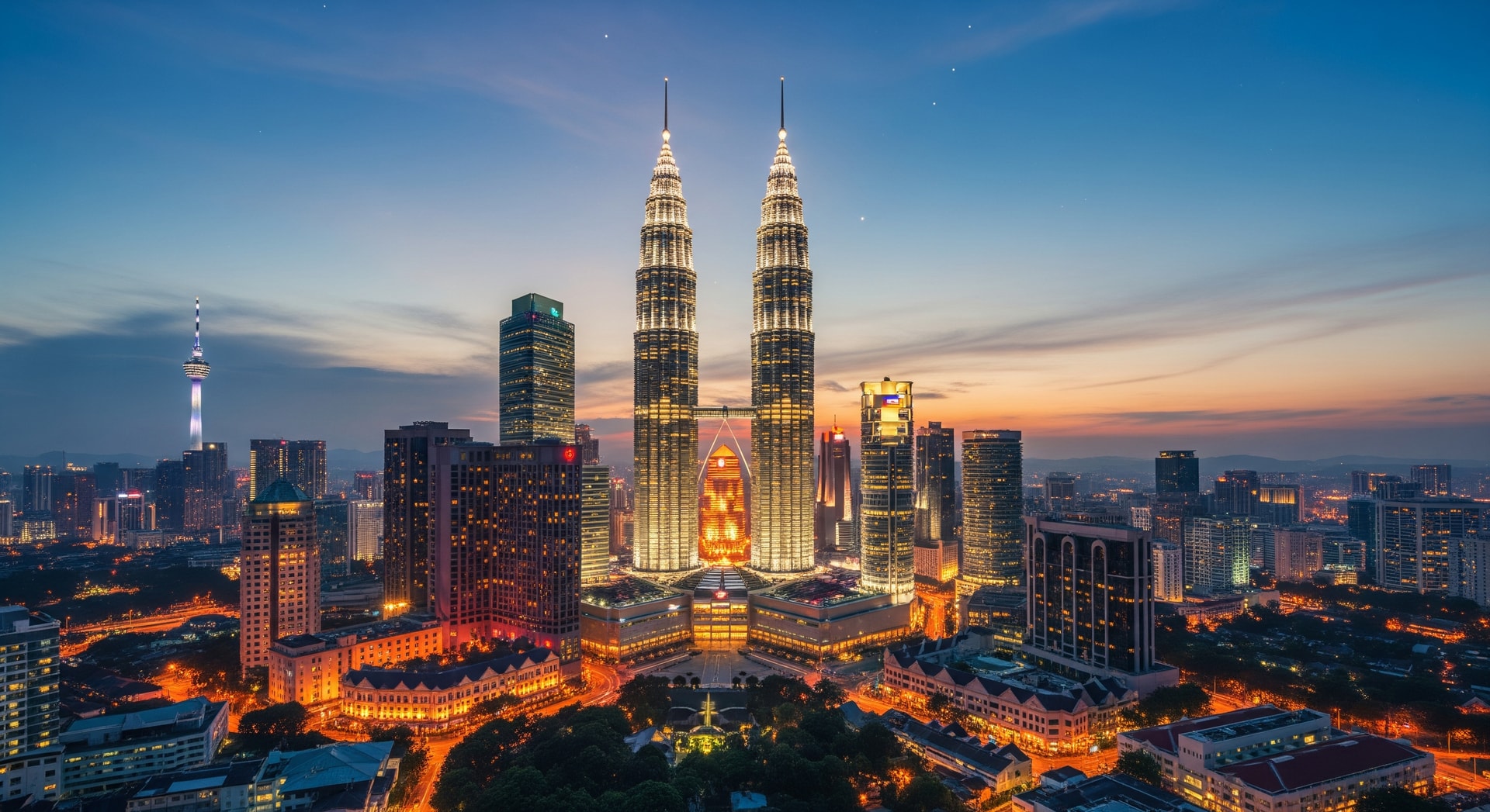 Petronas Twin Towers and Kuala Lumpur skyline at dusk representing Malaysia's modern multicultural economy