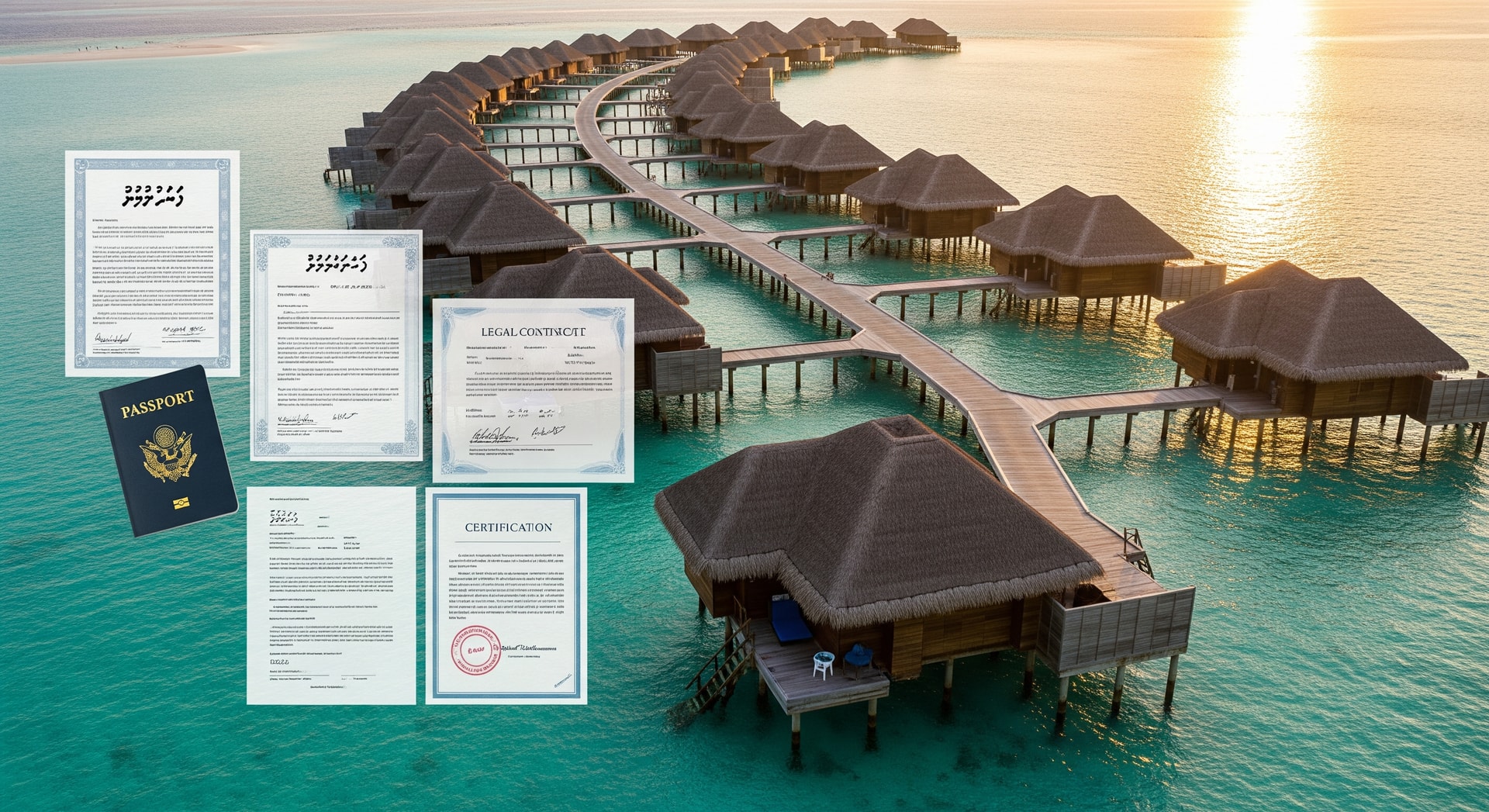 Turquoise waters and overwater bungalows of the Maldives, reflecting the island nation's unique environment where certified Dhivehi document translation services are essential