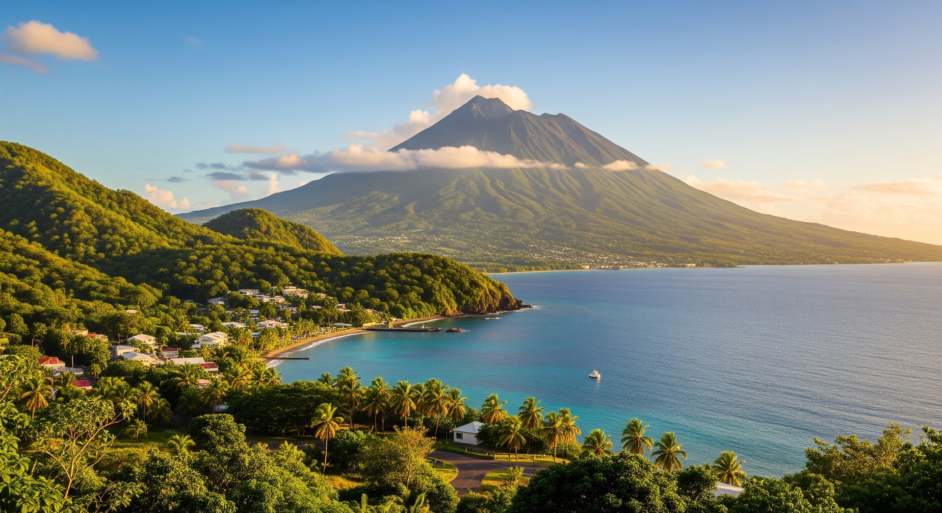 Martinique landscape with Mount Pelée volcano and Caribbean coastline representing this French overseas department in the Lesser Antilles