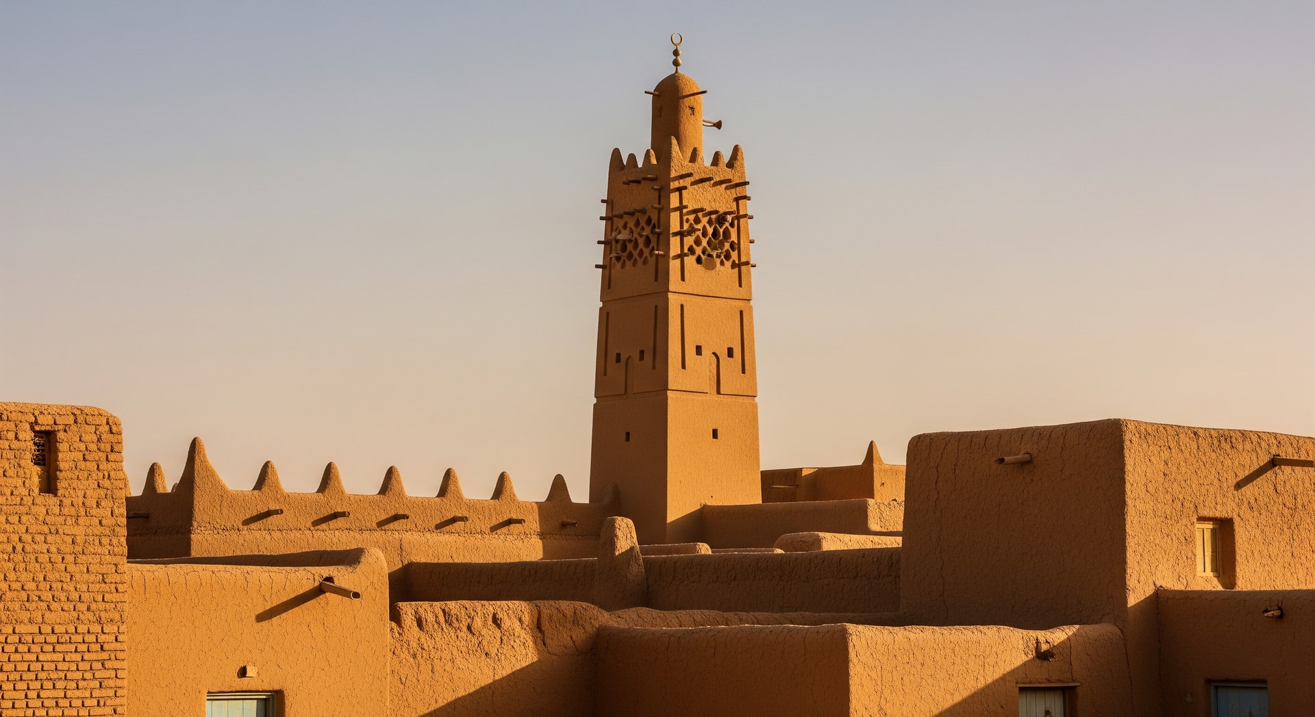 The ancient trading city of Chinguetti in Mauritania with traditional mud-brick mosque minaret against the Saharan sky