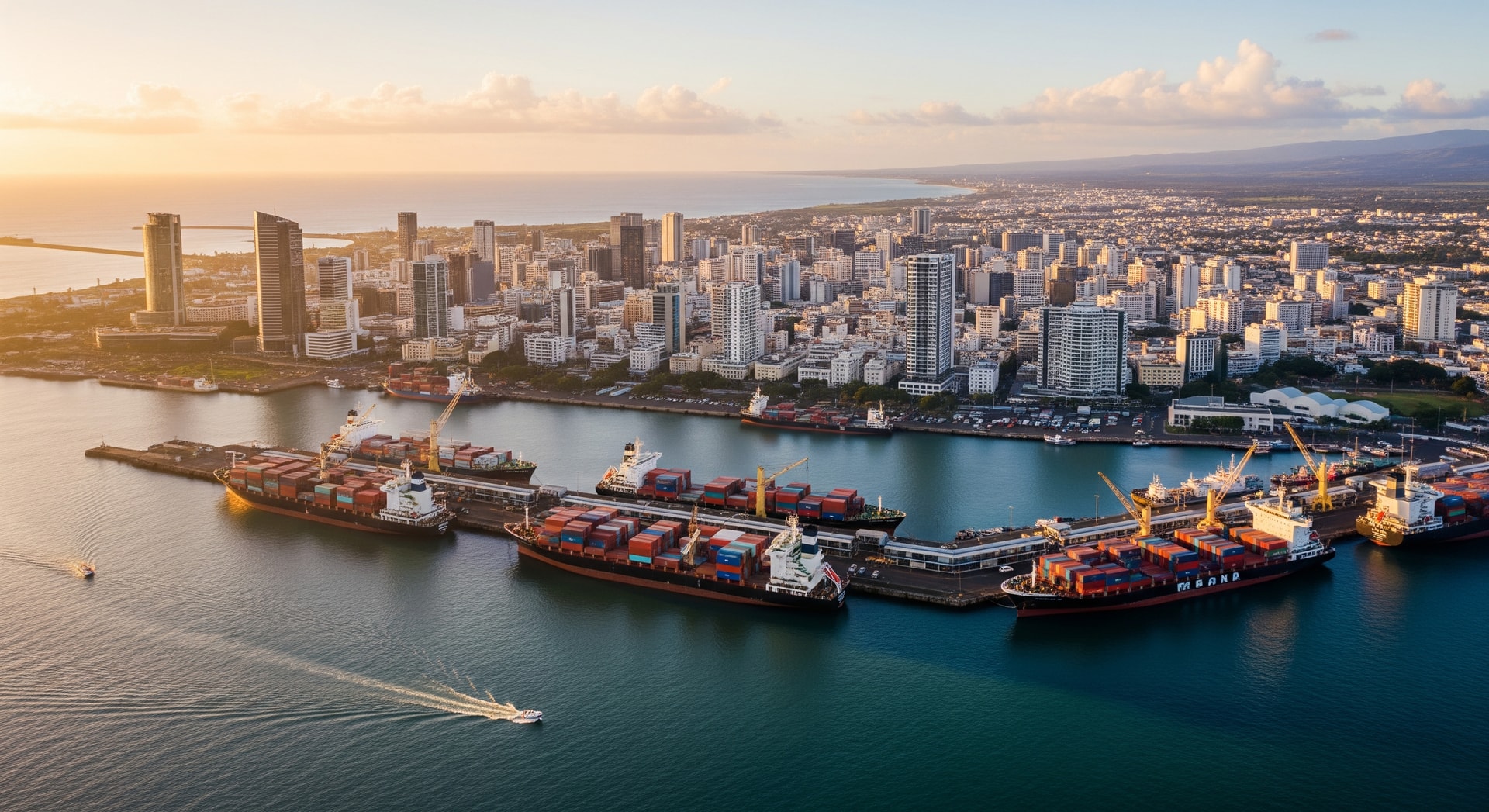 Aerial view of Port Louis harbour and the central business district of Mauritius