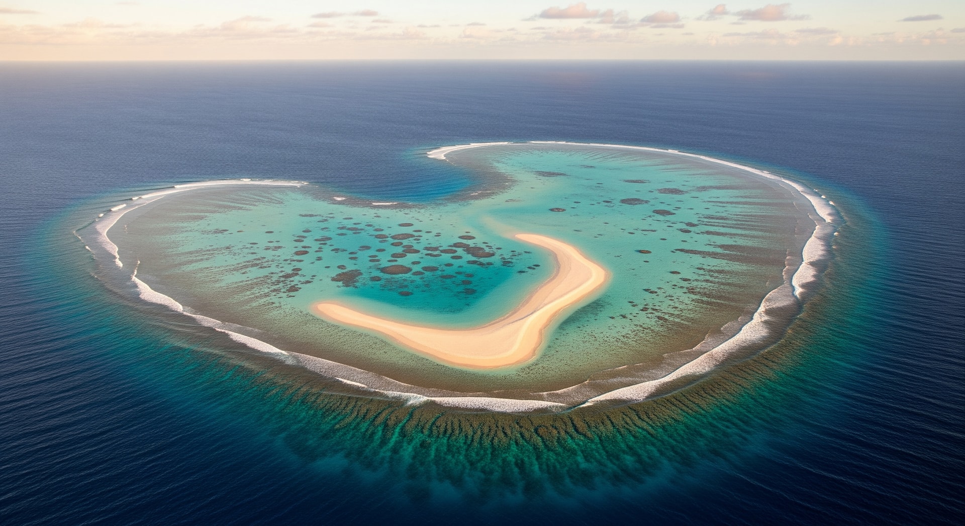 Aerial view of Micronesian atoll with coral reef and clear Pacific Ocean waters surrounding the island