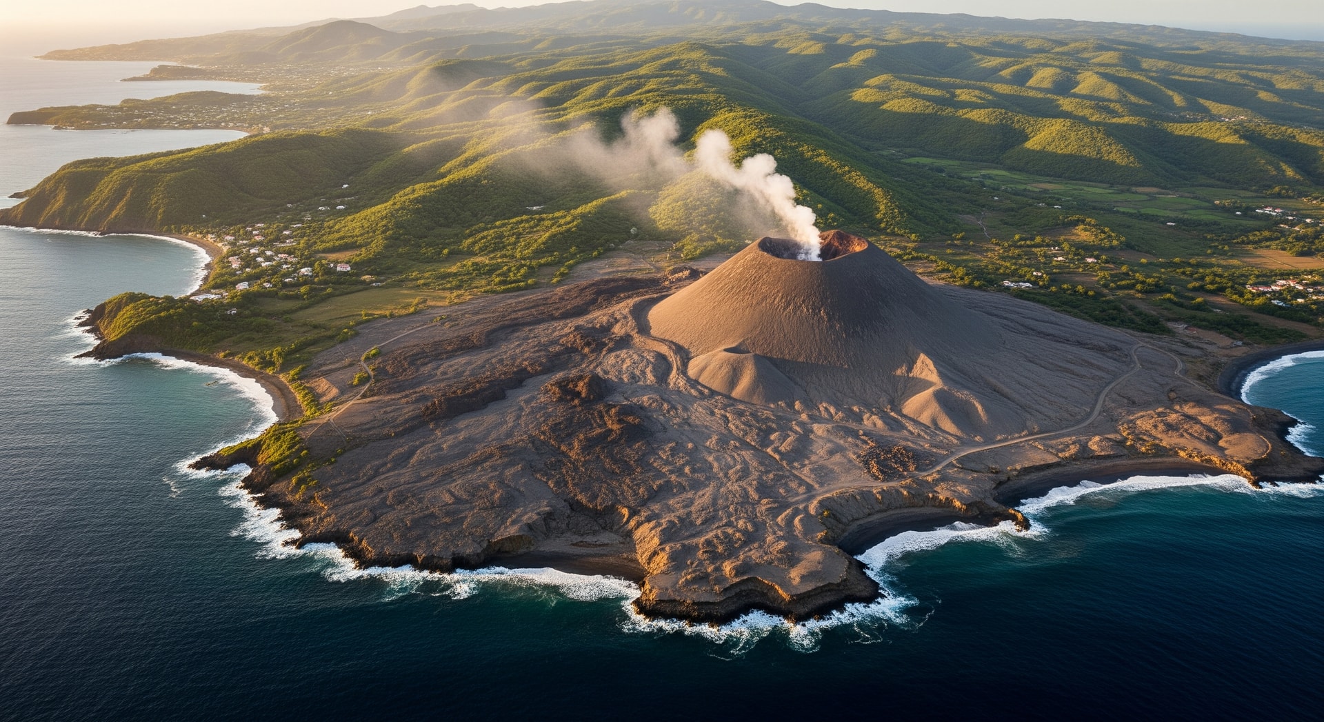 Aerial view of Montserrat showing the Soufrière Hills volcano and the island's green northern region above the exclusion zone