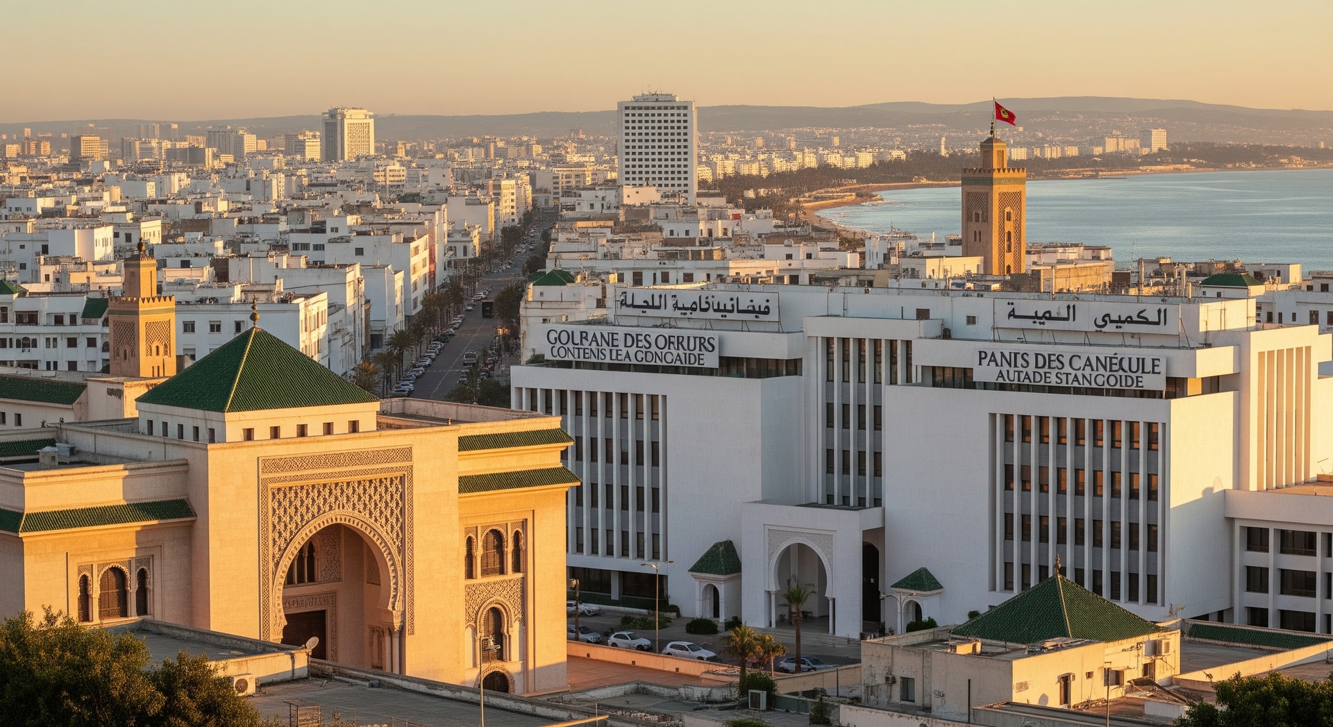 Panoramic view of Moroccan cityscape with traditional architecture and modern buildings representing the country's bilingual Arabic-French administrative heritage