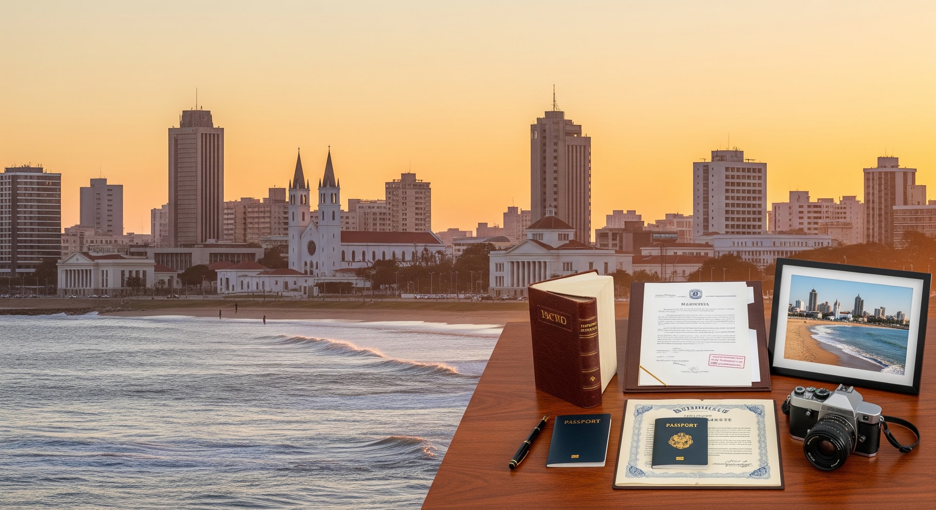 Maputo skyline and Mozambique coastal landscape representing professional document translation services