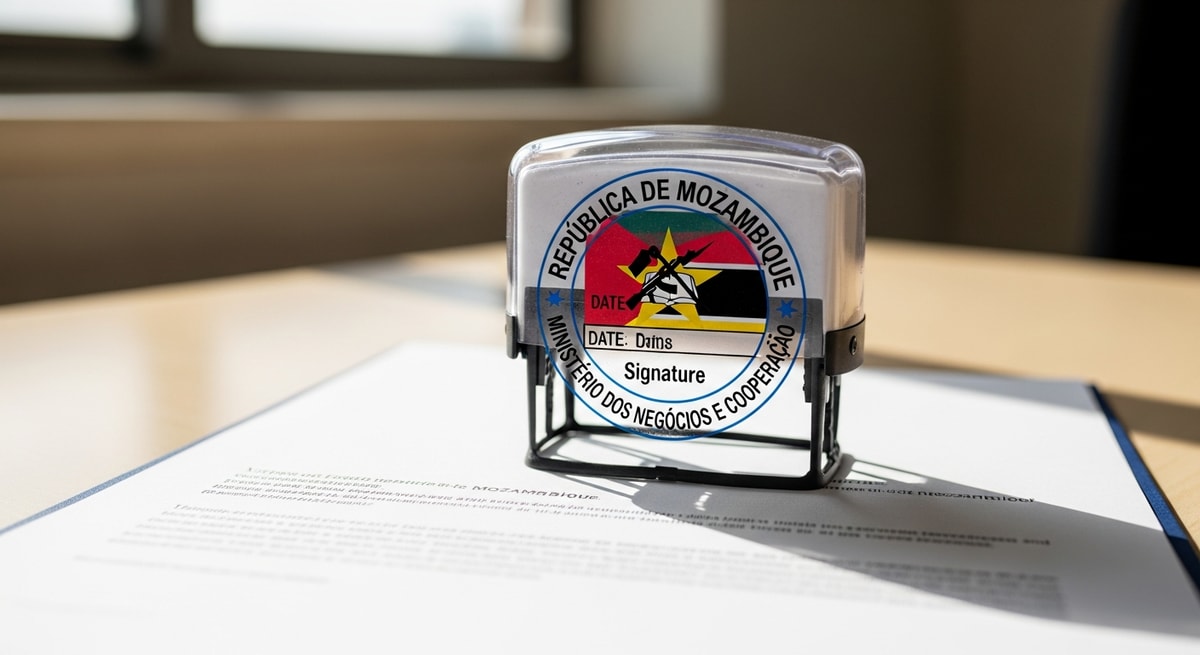Document authentication stamp from Mozambique Ministry of Foreign Affairs and Cooperation for international use