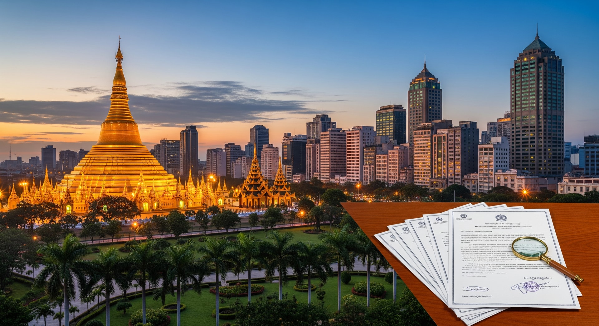Shwedagon Pagoda and Yangon skyline representing Myanmar's cultural and institutional landscape