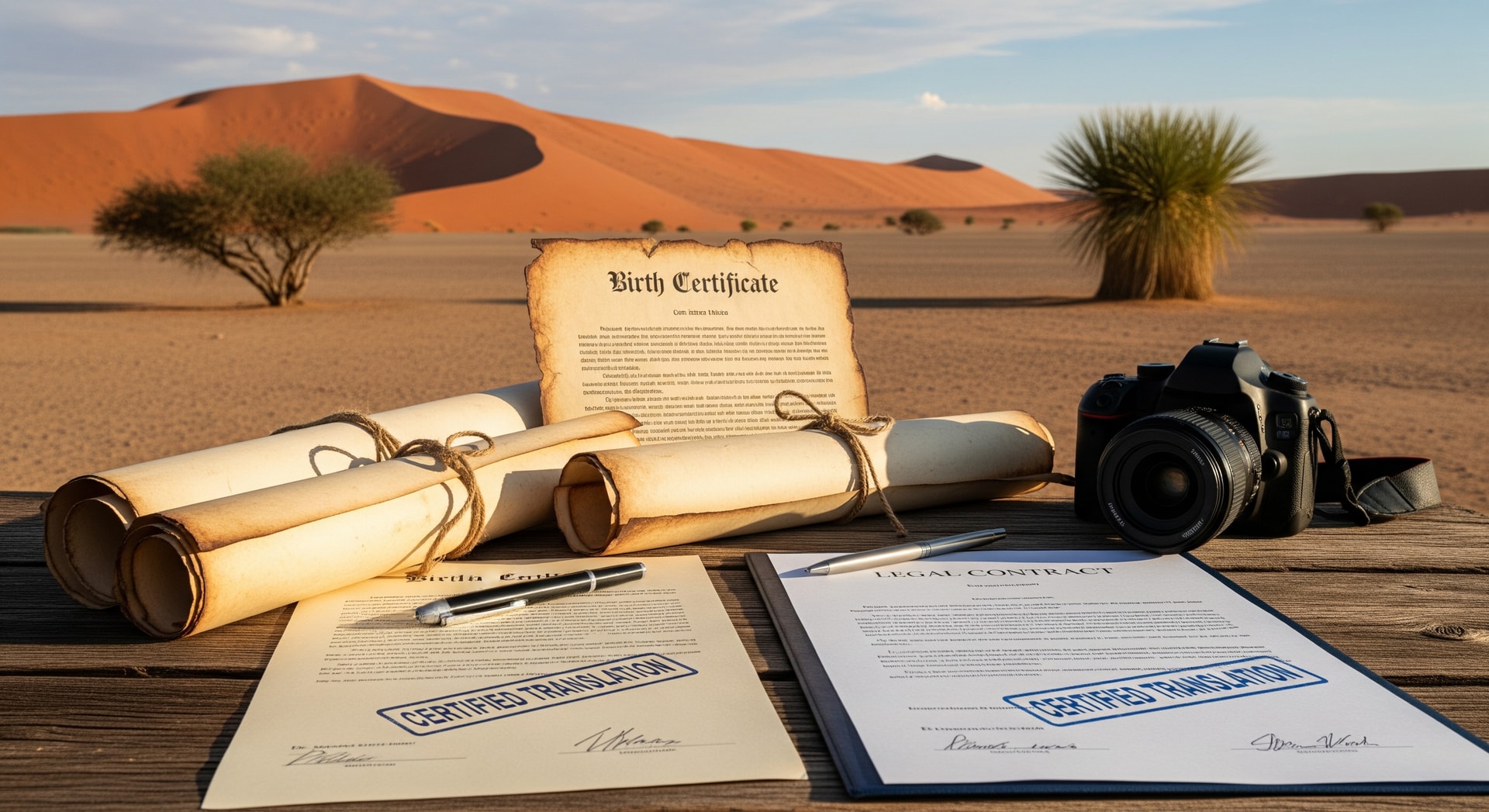 Namibia desert landscape with traditional documents — certified translation services for Namibian documents