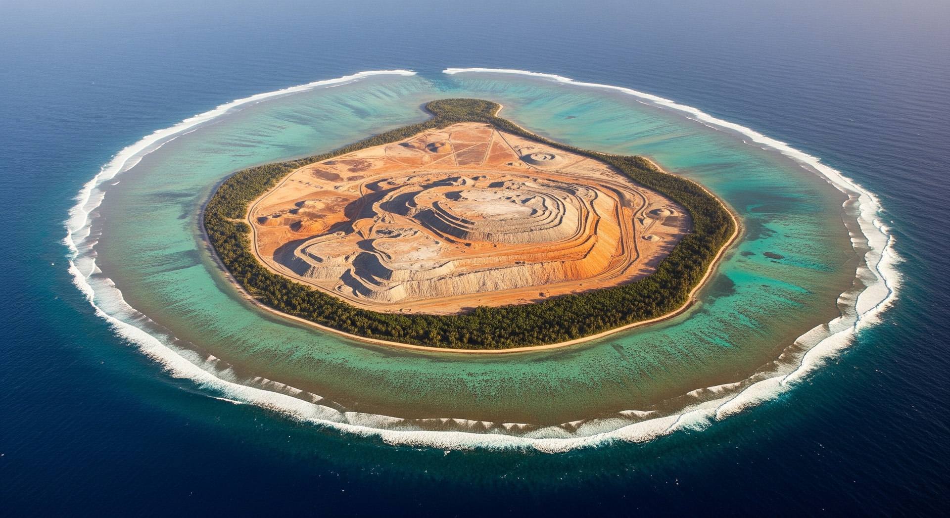Aerial view of Nauru island in the central Pacific Ocean showing the phosphate plateau and surrounding coral reef representing this unique Pacific microstate