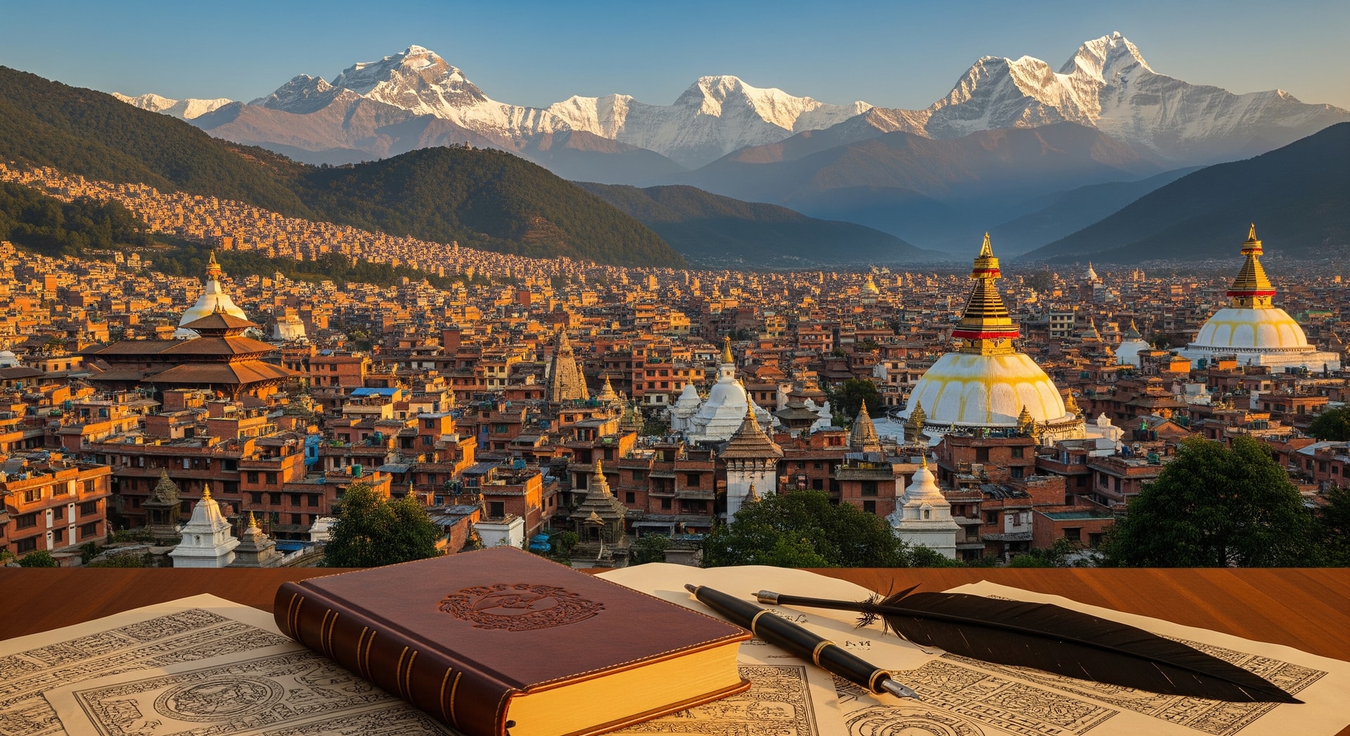 Panoramic view of Kathmandu Valley with Himalayan peaks in the background representing Nepal's cultural and institutional landscape