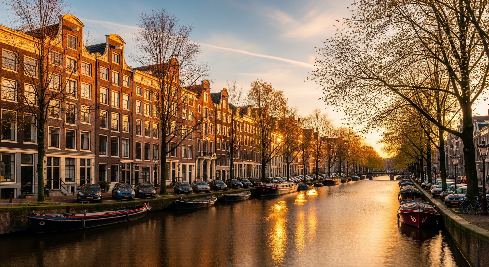 Amsterdam canal houses along a tree-lined waterway at golden hour representing the Netherlands' historic urban landscape and cultural heritage