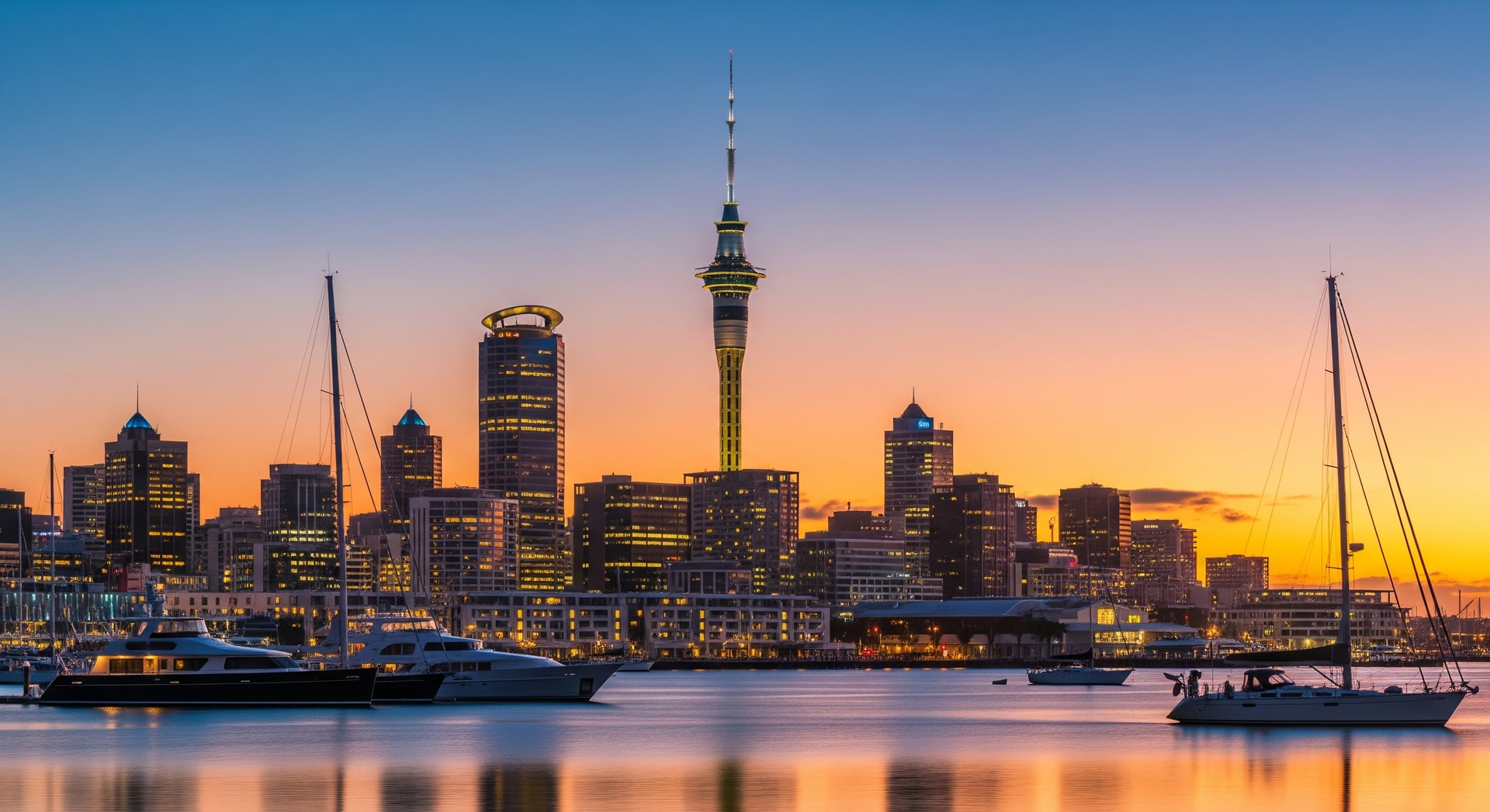 Auckland skyline with Sky Tower at sunset overlooking Waitematā Harbour representing New Zealand's modern institutional landscape