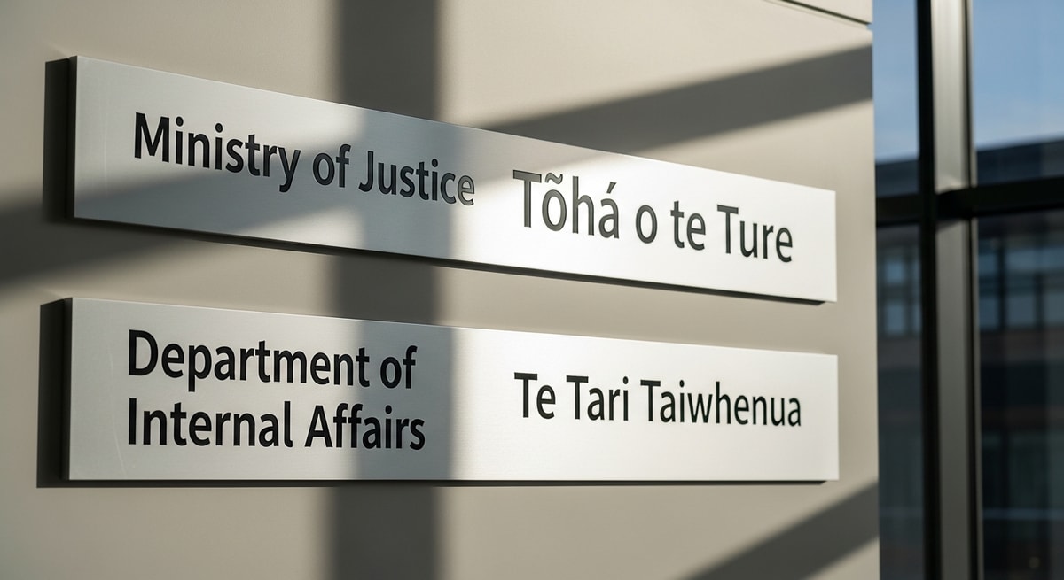 Bilingual English and Te Reo Māori signage at a New Zealand government building representing the country's official bilingual framework
