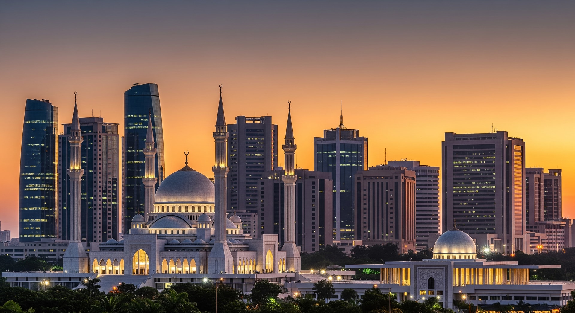 Abuja cityscape featuring the Nigerian National Mosque and central business district representing modern Nigeria