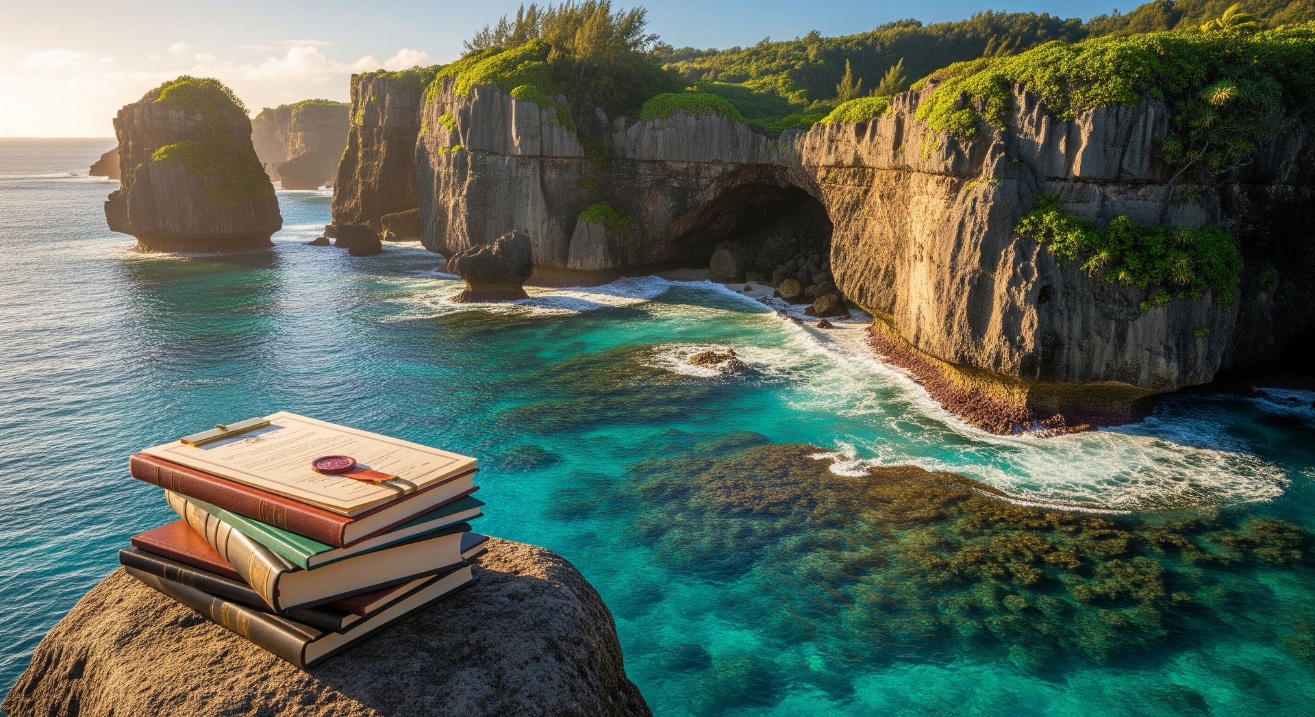 Coastal limestone cliffs and turquoise waters of Niue the Rock of Polynesia representing official Niue document translation services