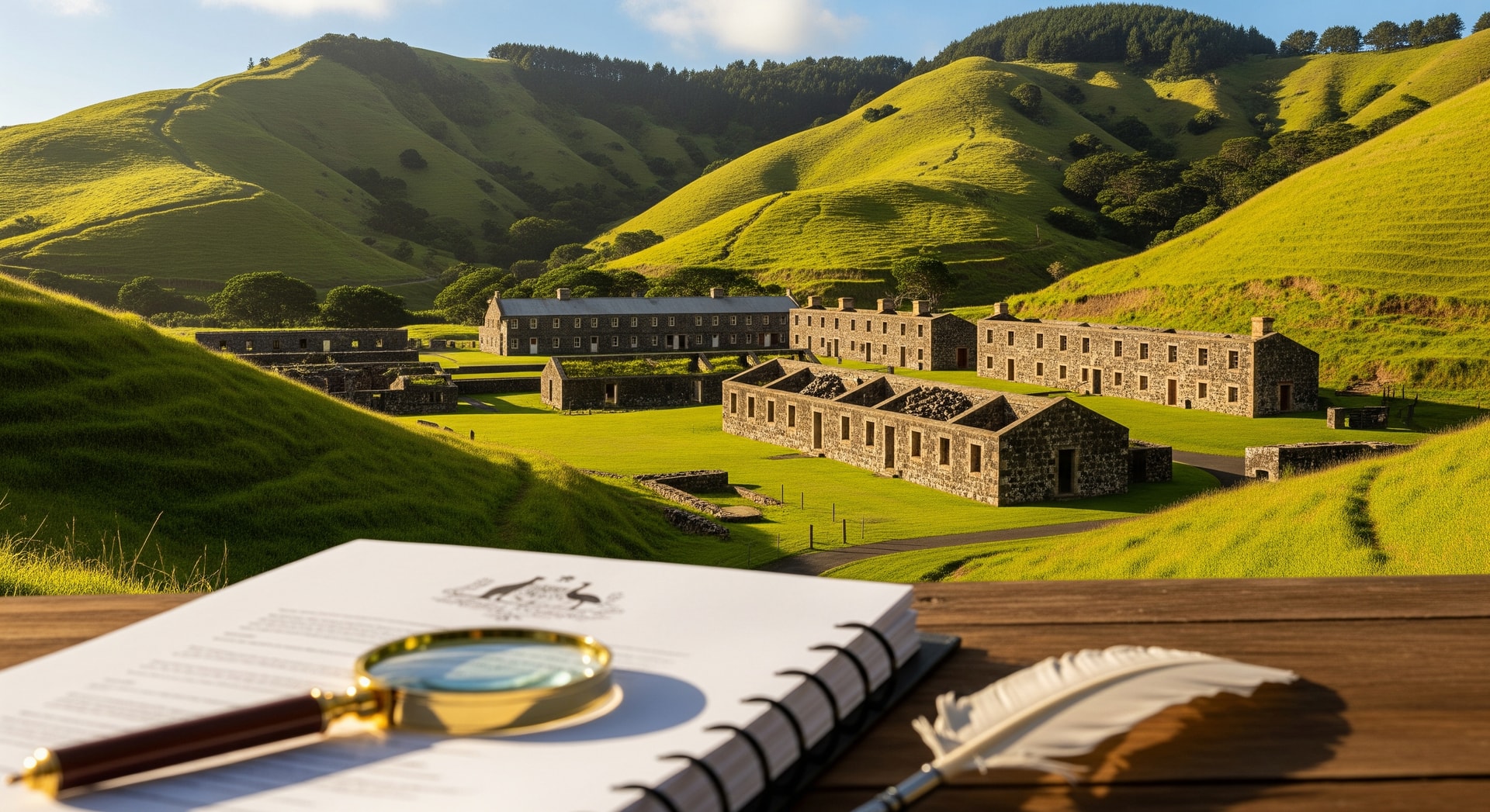 Green hills and historic convict settlement buildings on Norfolk Island representing official document translation services for this Australian territory