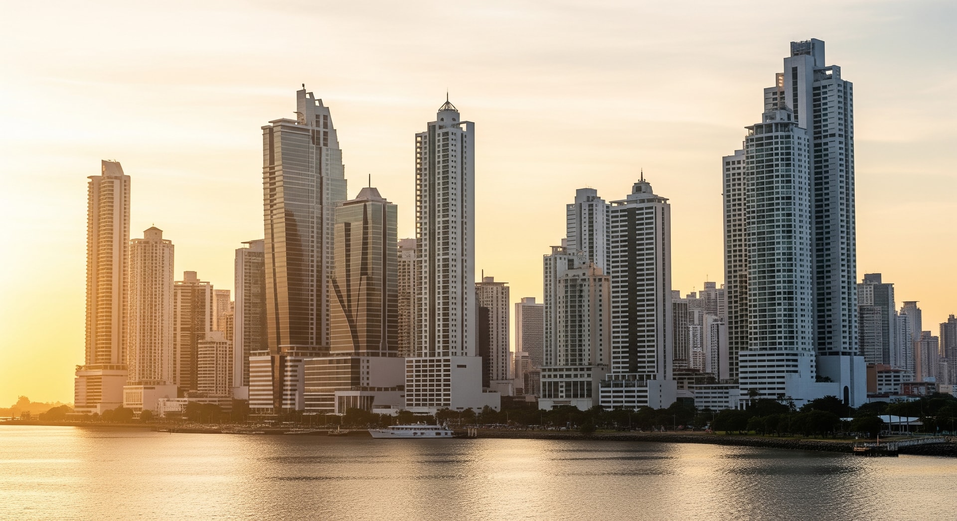 Panama City skyline with modern skyscrapers along the waterfront representing Panama's administrative and commercial center