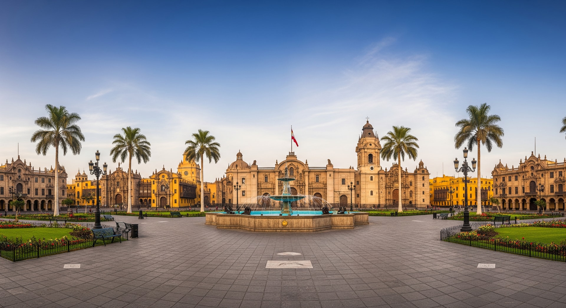 Panoramic view of Lima's historic Plaza Mayor with colonial architecture and government buildings representing Peru's administrative and cultural heritage