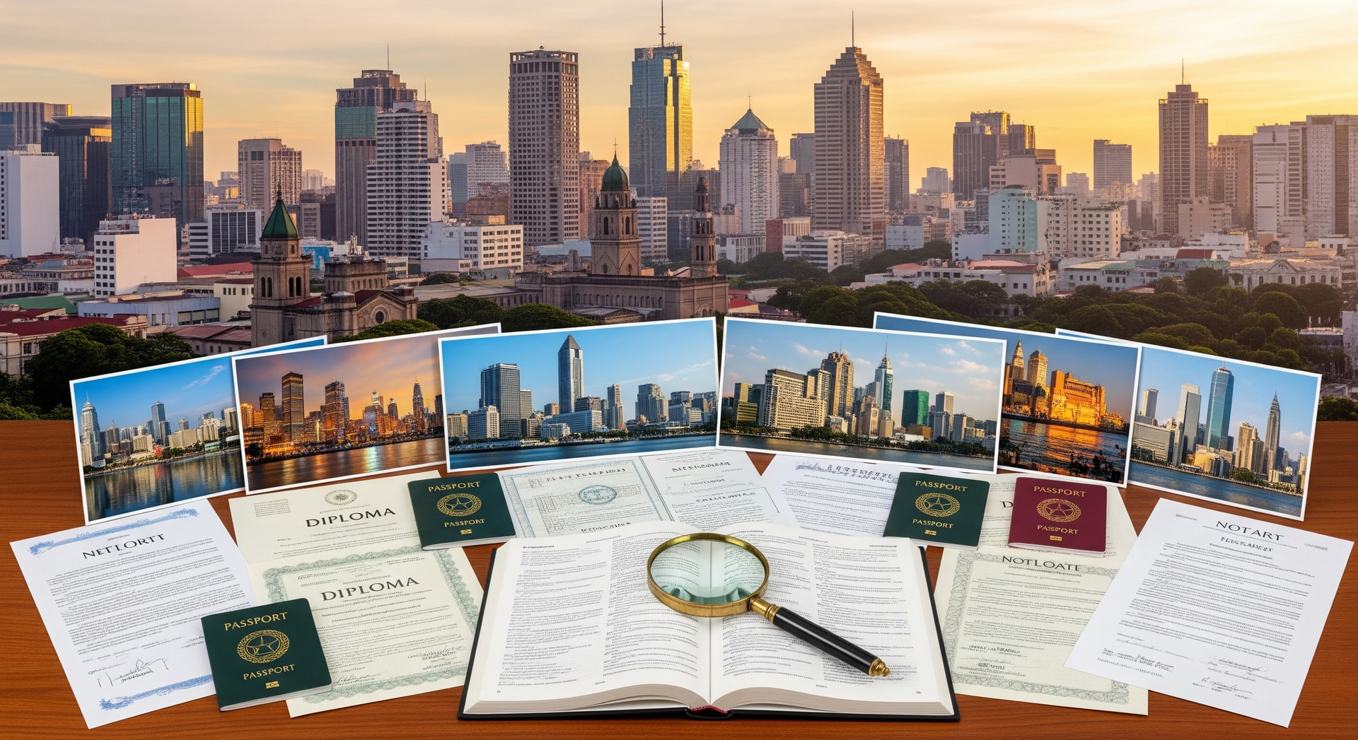Manila skyline with modern buildings and historic landmarks representing the Philippines as a major source of international documents