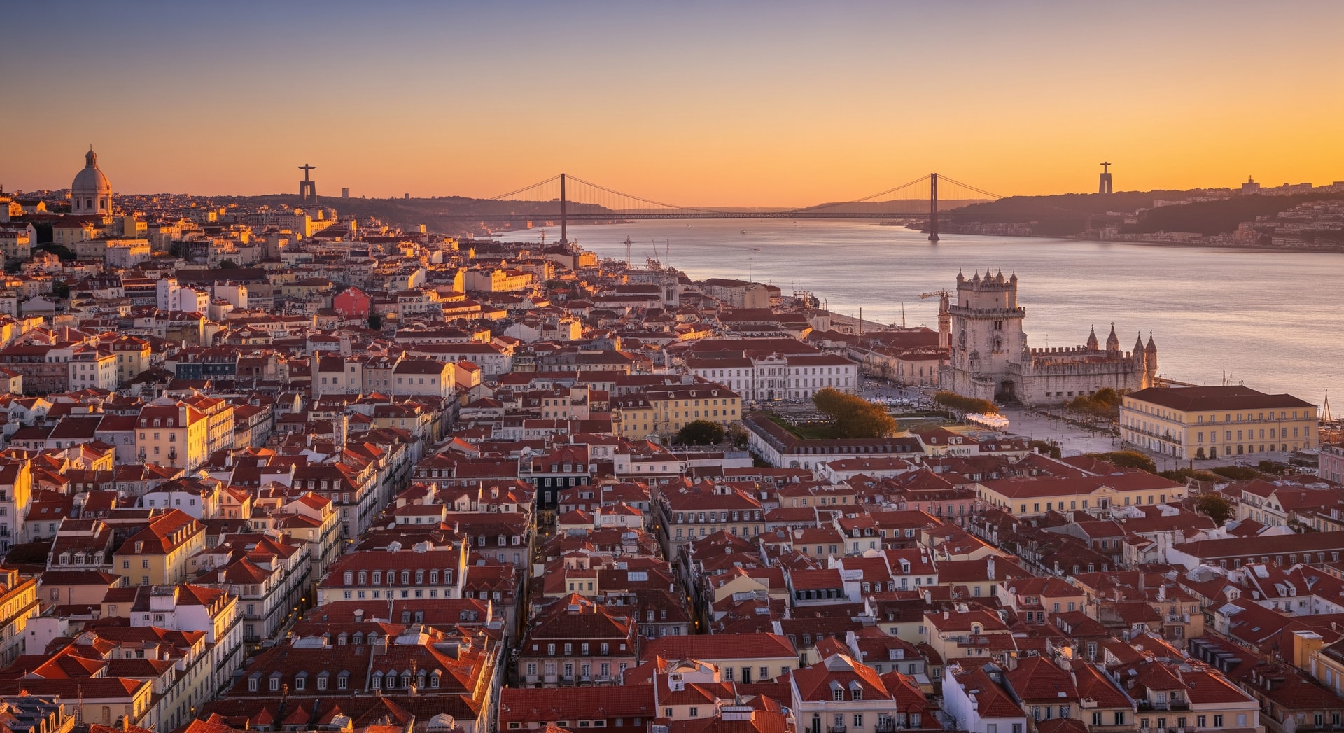 Panoramic view of Lisbon with the Tagus River and red-roofed buildings representing Portugal's rich cultural and administrative heritage
