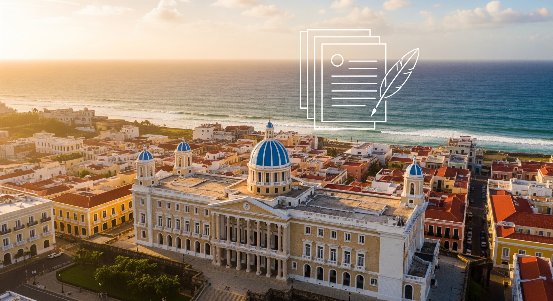 Aerial view of San Juan Puerto Rico with La Fortaleza government palace representing official Puerto Rico document translation services