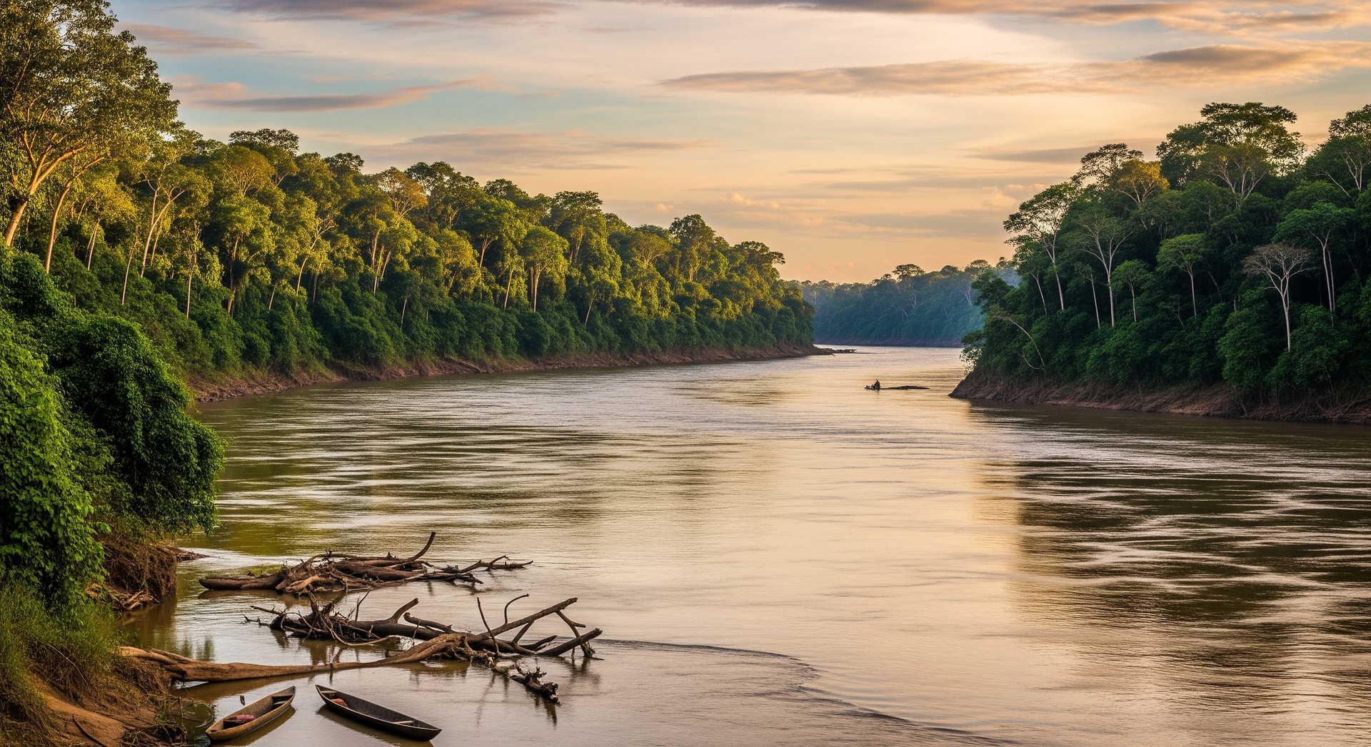 Congo River landscape with tropical rainforest in Republic of the Congo