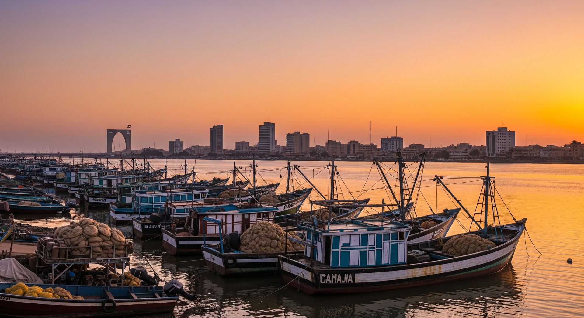 Banjul waterfront along the Gambia River with fishing boats and the capital city skyline representing The Gambia's West African coastal character