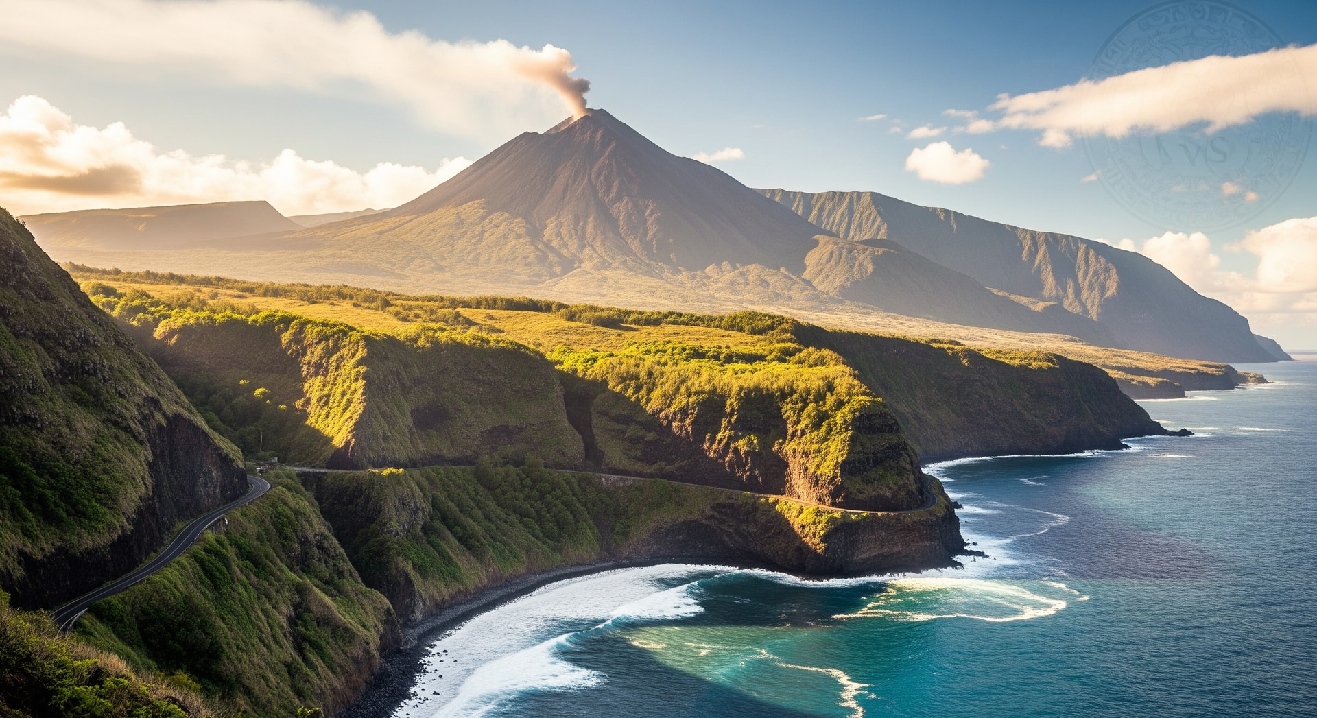 Piton de la Fournaise volcano and the dramatic coastline of Réunion Island representing this French overseas department in the Indian Ocean east of Madagascar