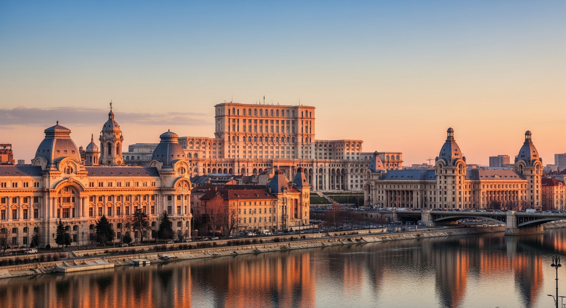 Panoramic view of Bucharest with the Palace of the Parliament and historic architecture representing Romania's governmental and cultural institutions