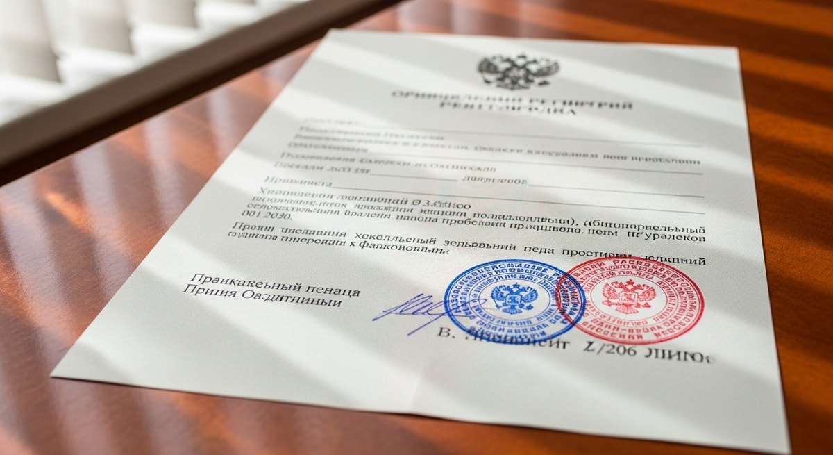 Russian official document with Cyrillic text and official stamps showing typical formatting of Russian civil registry certificates