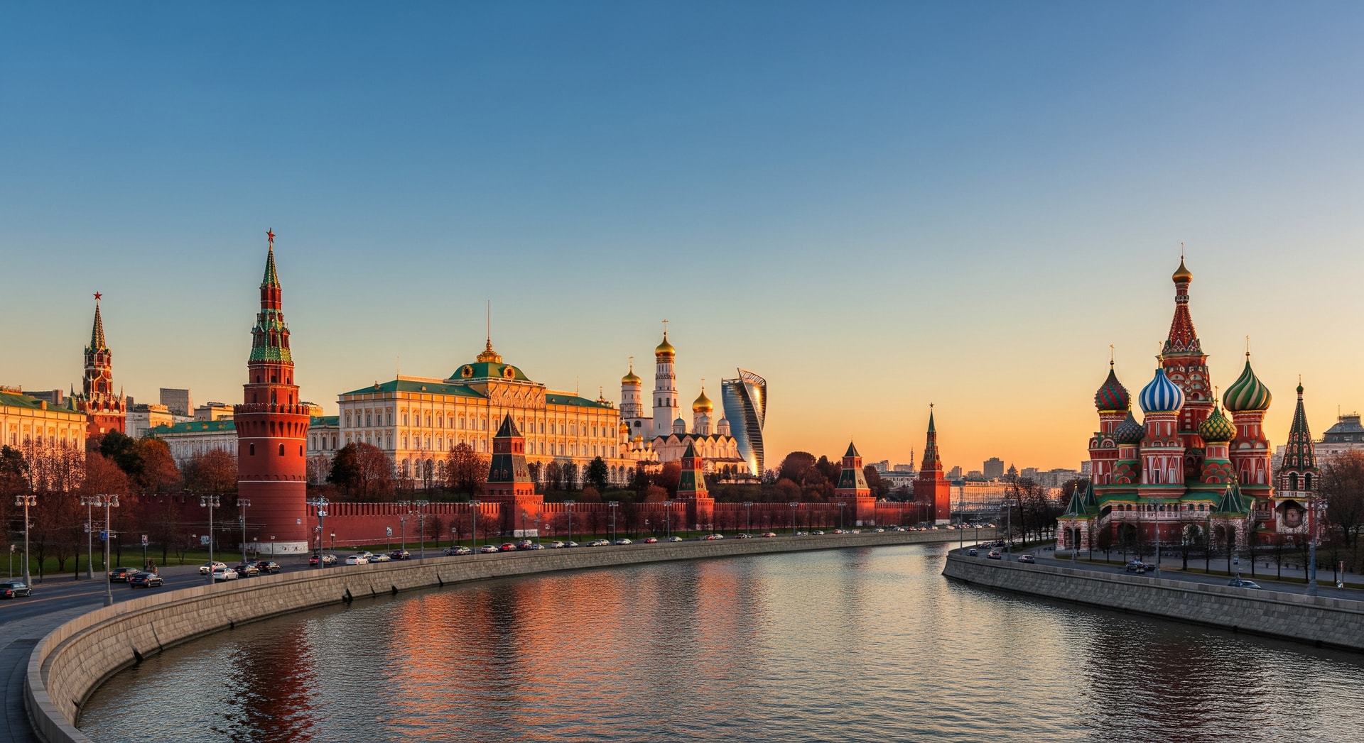 Panoramic view of Moscow skyline with the Kremlin and Saint Basil's Cathedral representing Russia's institutional and cultural heritage