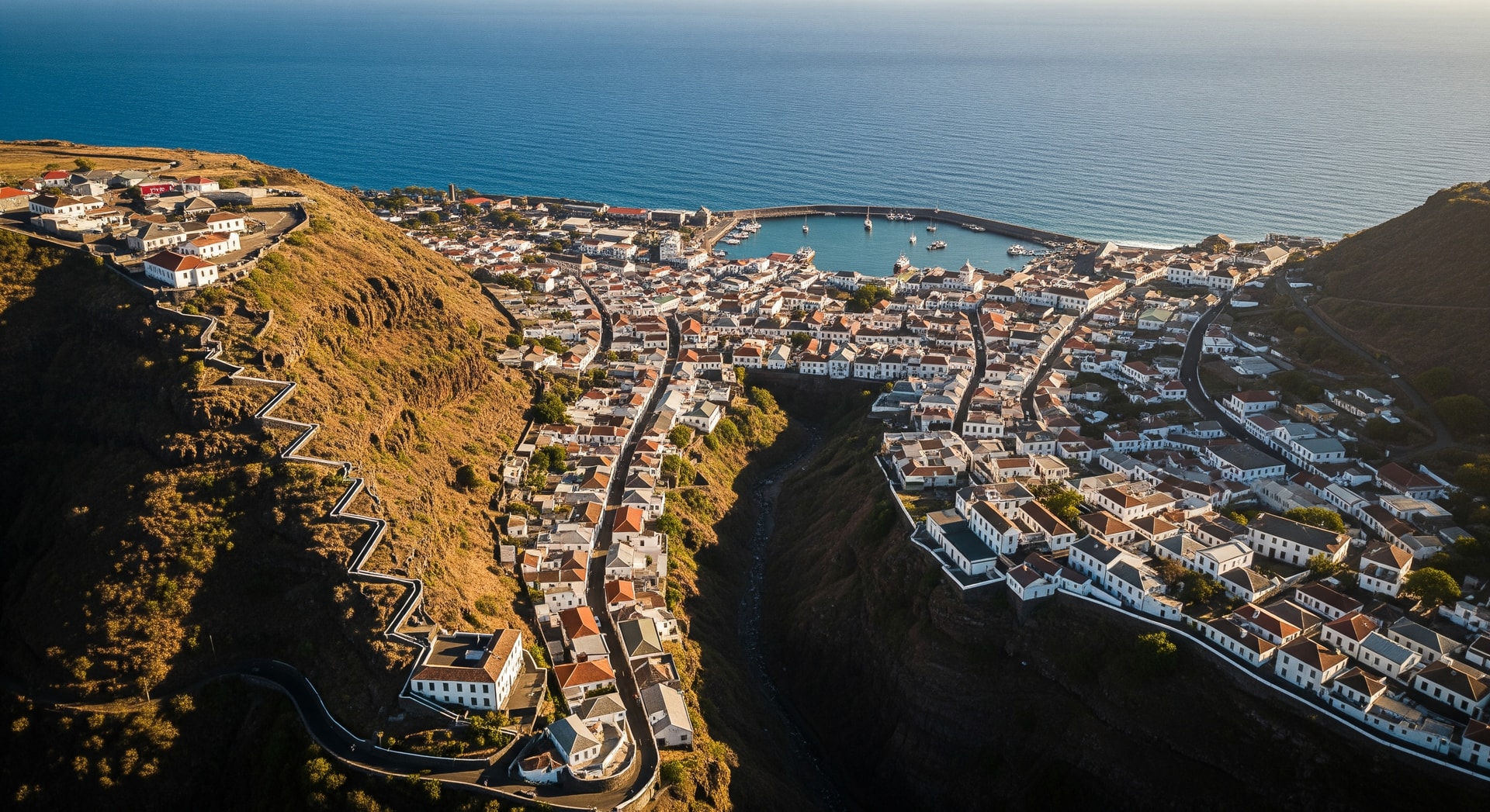 Aerial view of Jamestown the capital of Saint Helena with the historic town and Atlantic Ocean representing official document translation services