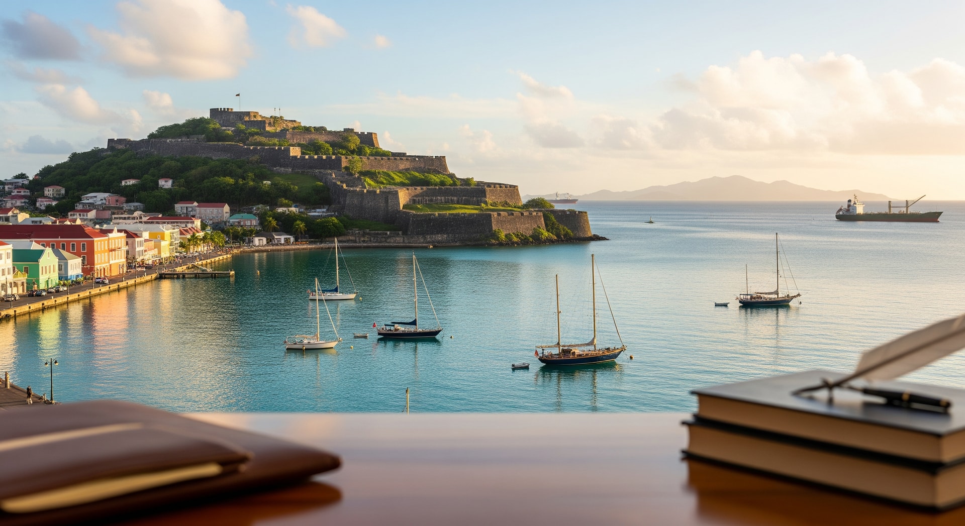 Basseterre harbor with Brimstone Hill Fortress in the background representing the twin-island federation of Saint Kitts and Nevis