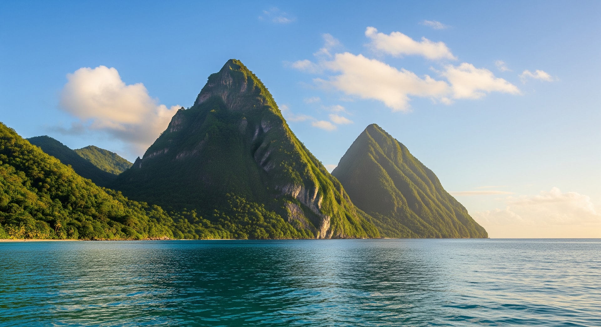 Piton mountains rising from the Caribbean Sea representing the natural landscape of Saint Lucia