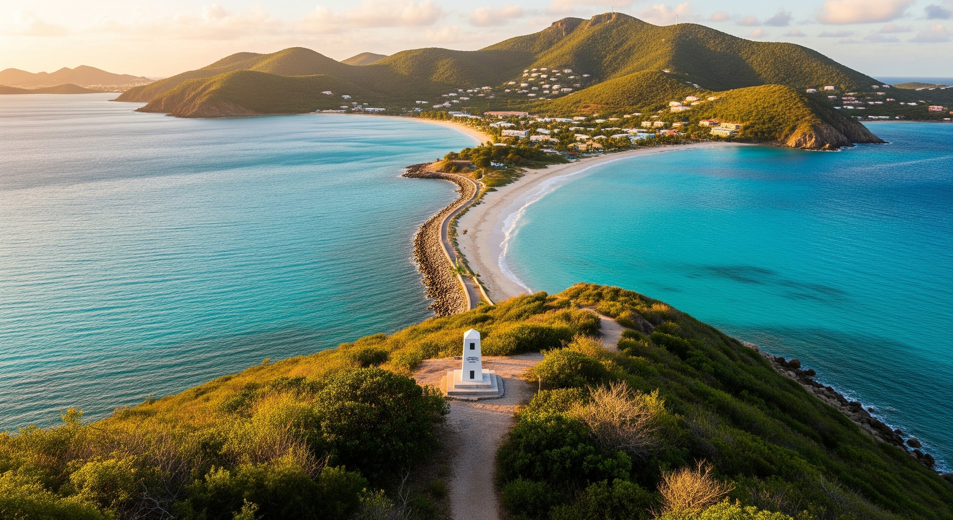 Saint Martin island showing the border between the French collectivity of Saint-Martin and the Dutch territory of Sint Maarten, with the Caribbean coastline in the background