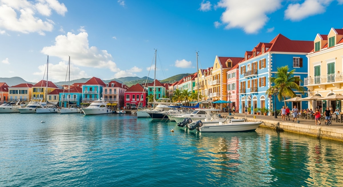 Marigot harbor in Saint-Martin showing the administrative capital of the French overseas collectivity with its colorful colonial buildings
