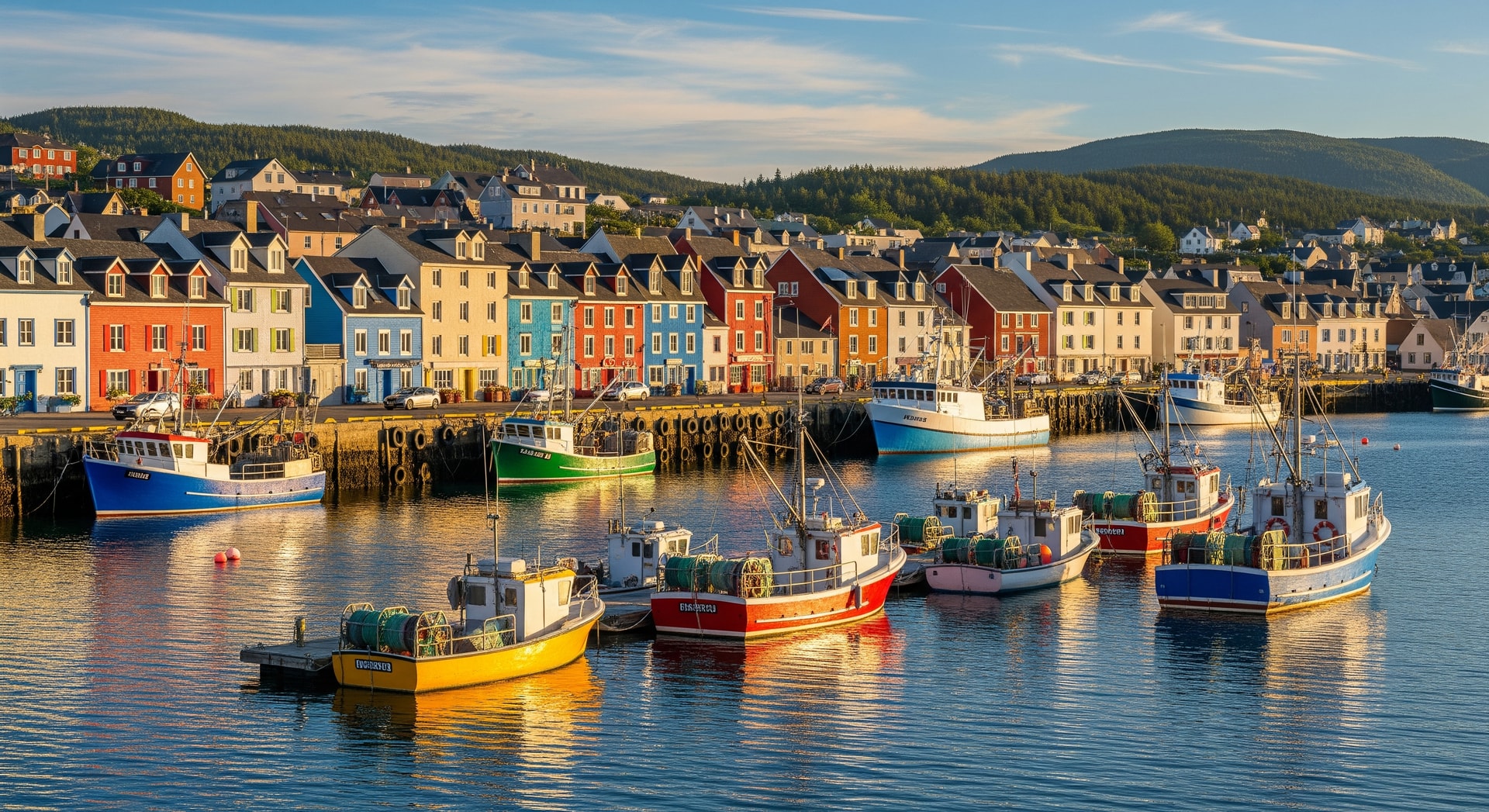 Saint Pierre town harbour with colorful buildings and fishing boats representing the French overseas collectivity off the southern coast of Newfoundland, Canada