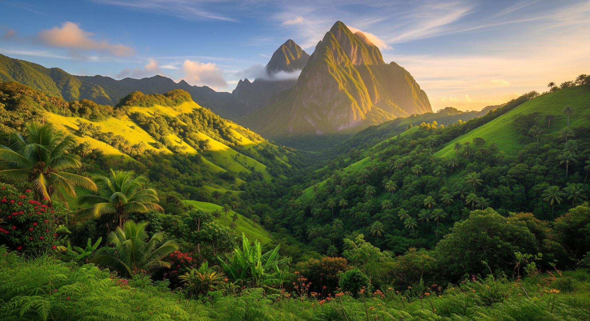 Volcanic peaks and lush green landscape of Saint Vincent representing the Windward Island nation of Saint Vincent and the Grenadines