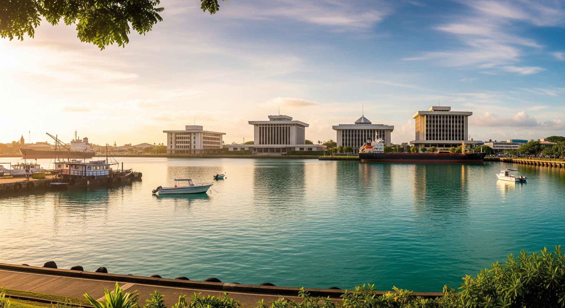 Scenic view of Apia harbour in Samoa with government buildings, representing official Samoan document translation services