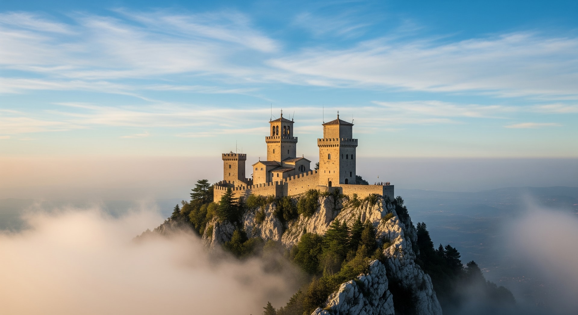 Historic towers of San Marino against a blue sky, representing the world's oldest republic
