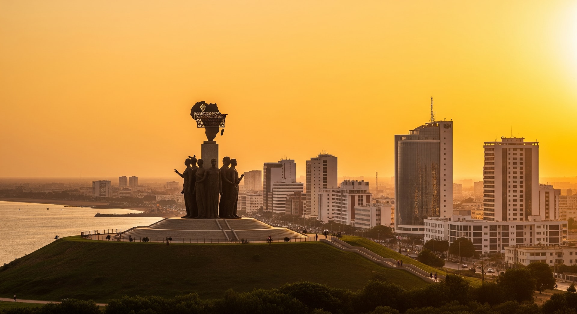 Dakar skyline and African Renaissance Monument representing Senegal's institutional and cultural landscape