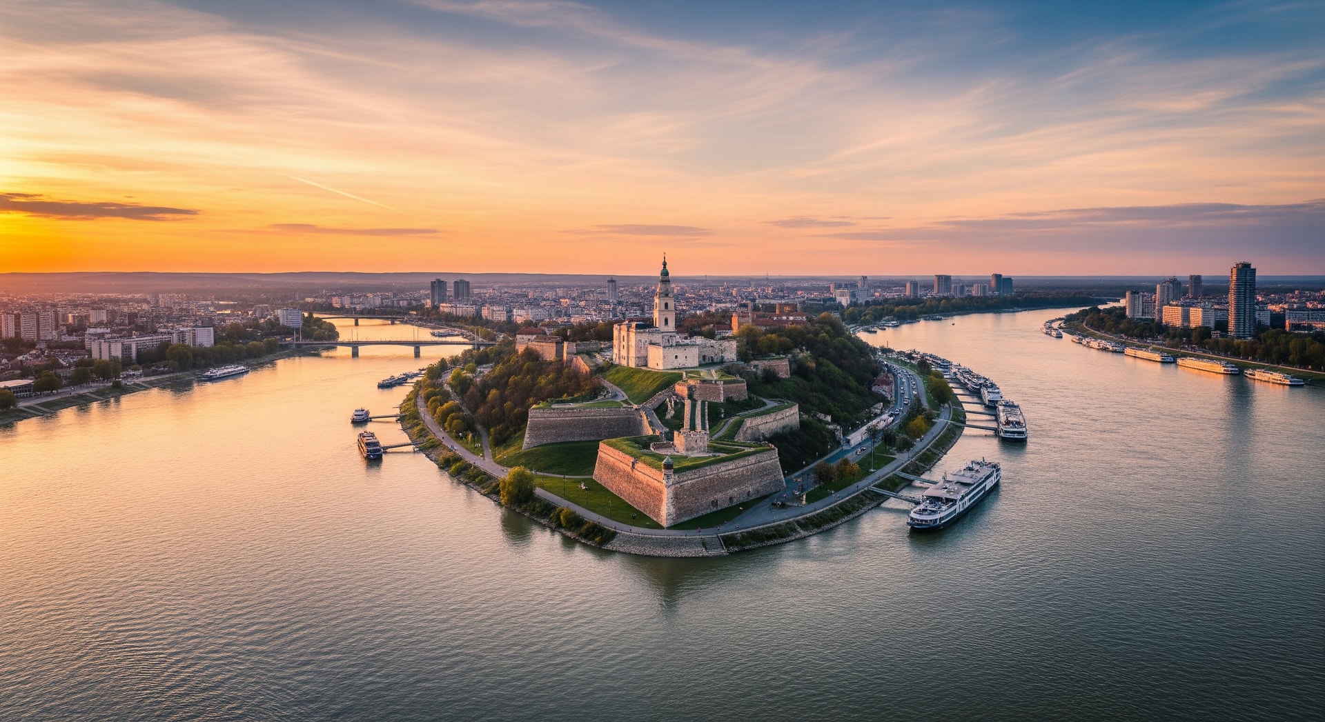 Panoramic view of Belgrade with the confluence of the Sava and Danube rivers representing Serbia's administrative and cultural heritage