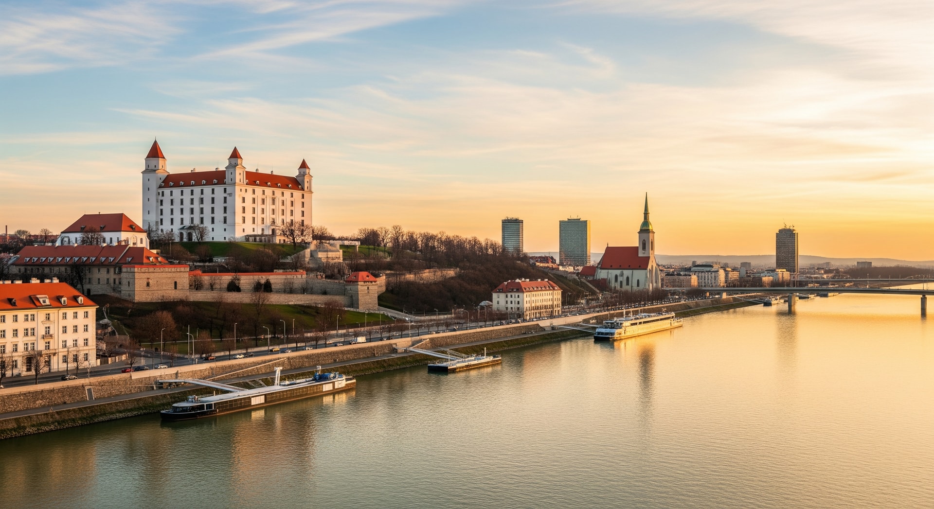 Panoramic view of Bratislava with the castle and Danube river representing Slovakia's administrative and cultural heritage