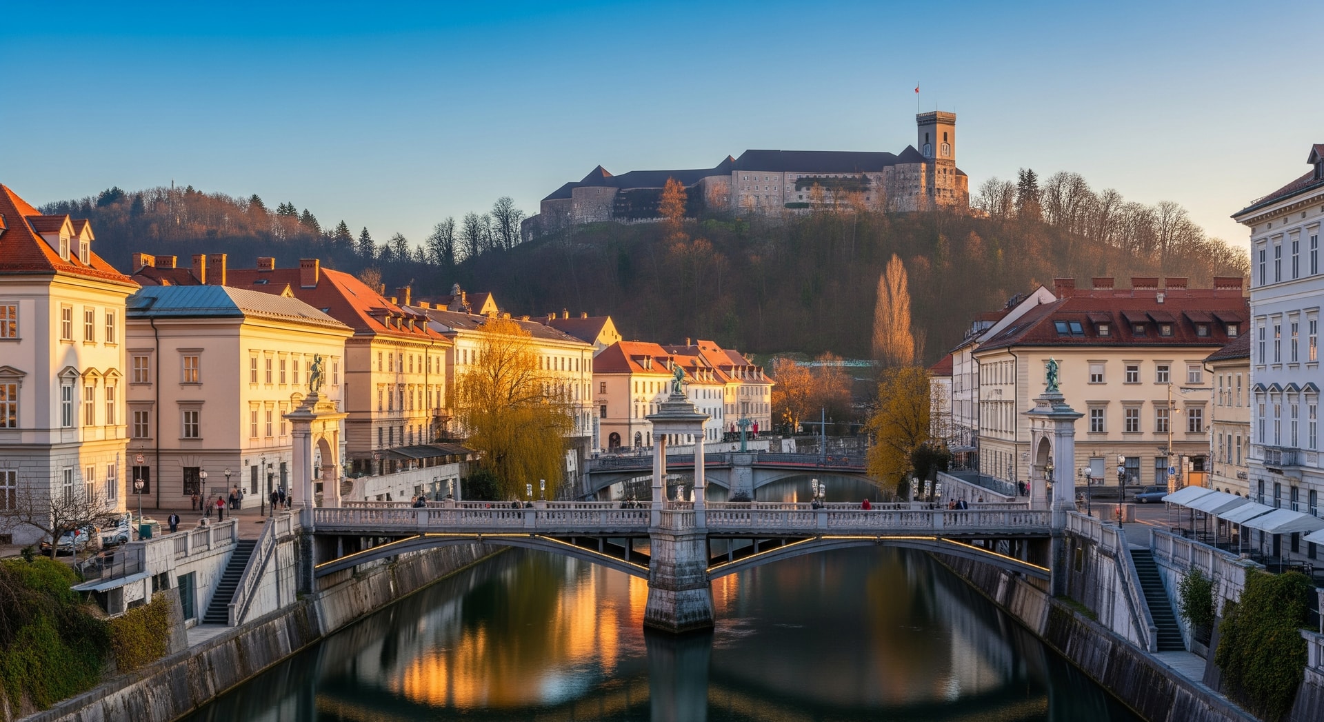Panoramic view of Ljubljana with the Triple Bridge and Ljubljana Castle representing Slovenia's administrative and cultural heritage